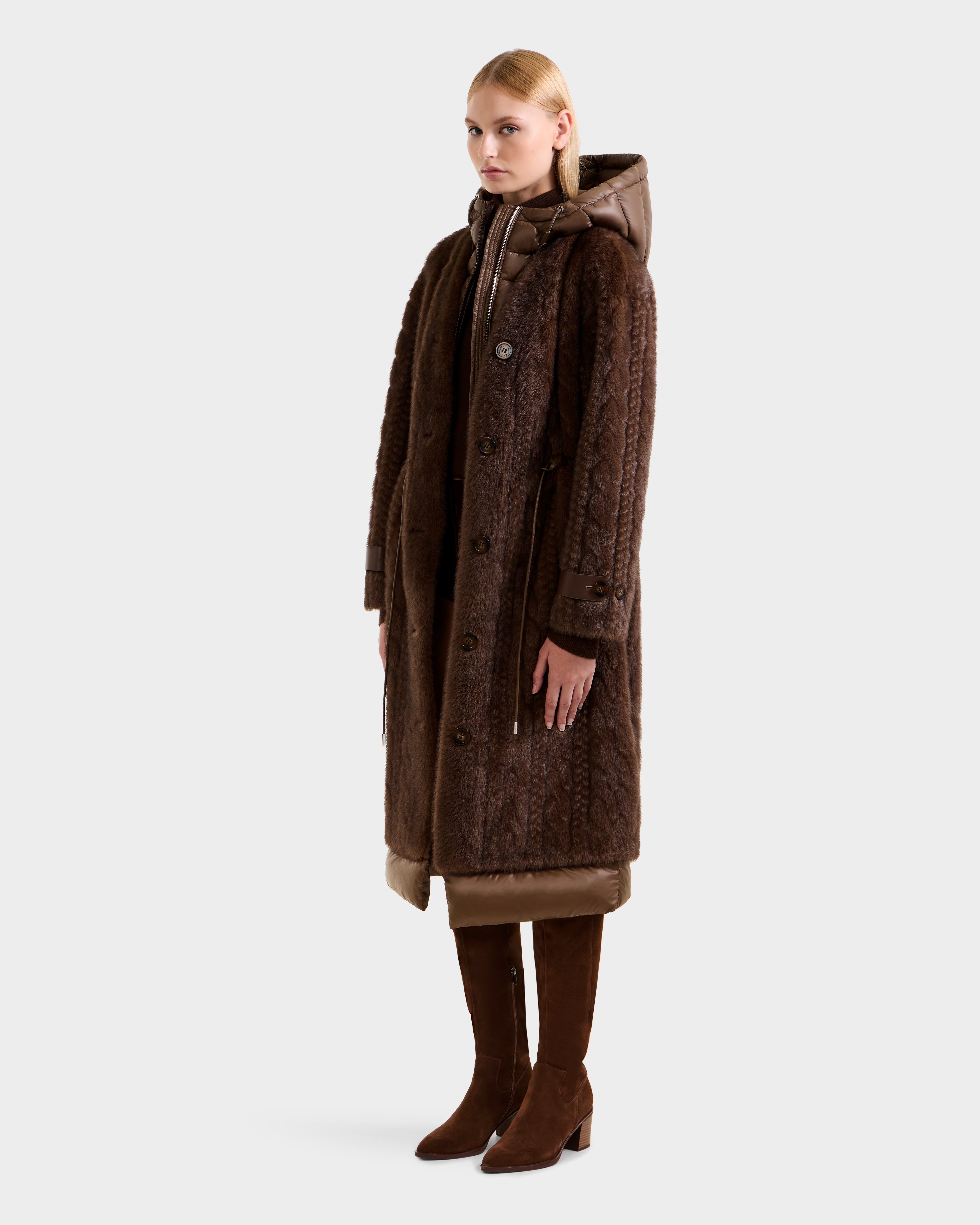 RUDSAK ORIANA Women's Faux Fur Longline Coat - Mocha Cable Knit