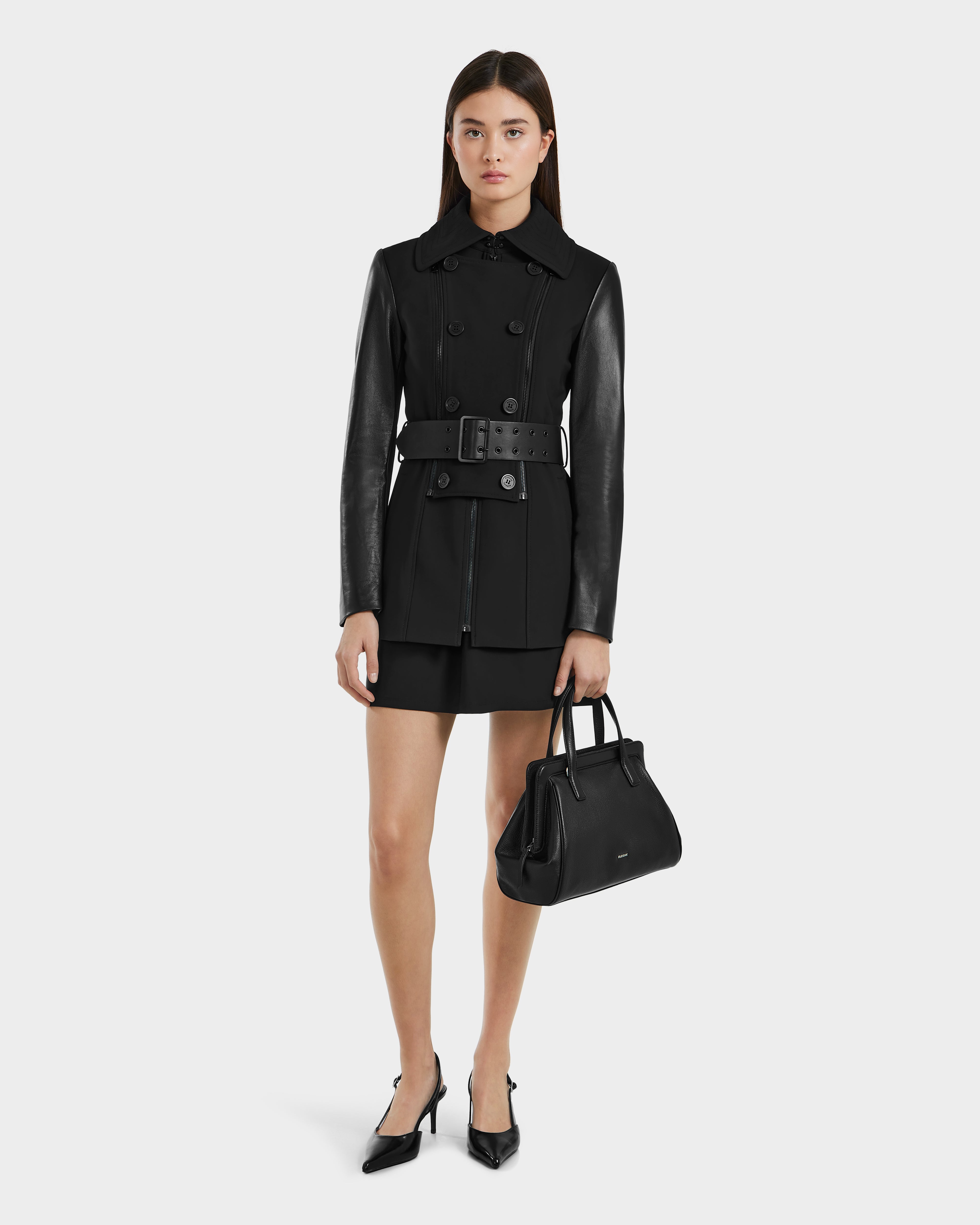 RUDSAK VIRGINIE S Black Trench Coat – Versatile Leather Sleeves RUDSAK VIRGINIE S Black Trench Coat – Versatile Leather Sleeves