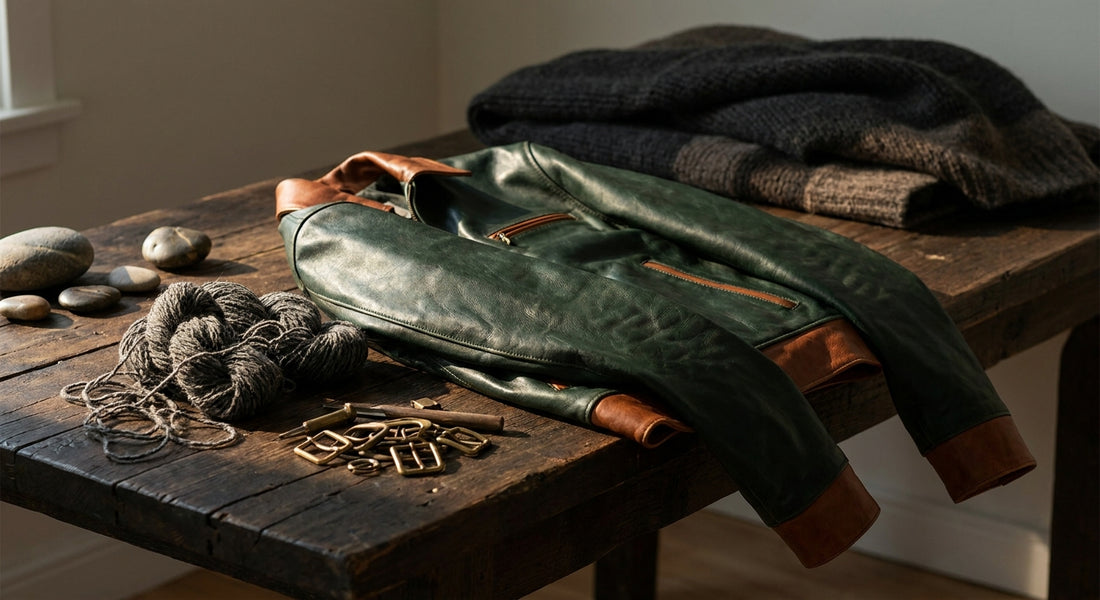 A premium leather jacket rests on a weathered wooden surface surrounded by natural heritage materials including raw wool and aged brass hardware, bathed in soft editorial light.