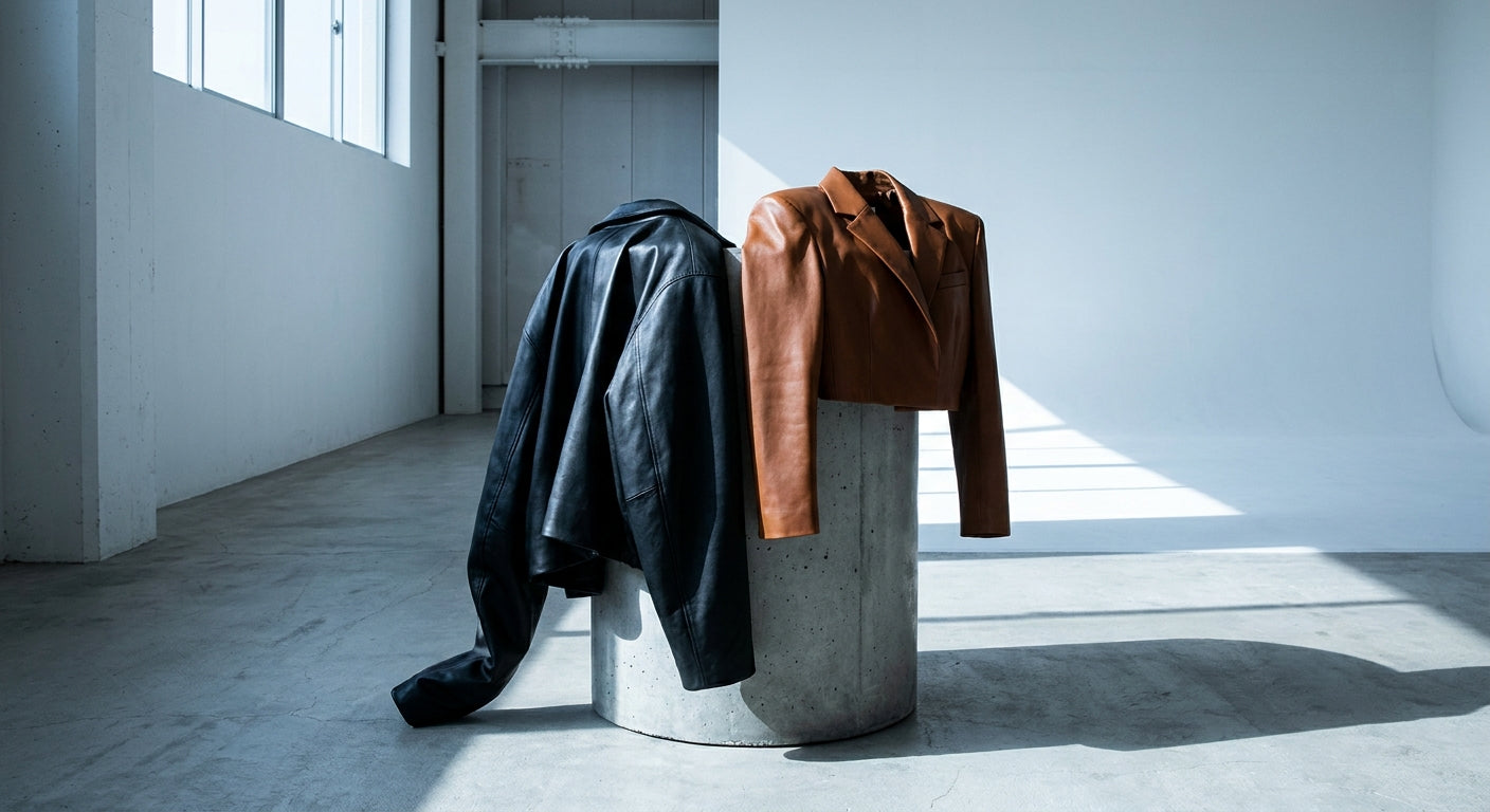 Two leather jackets, one oversized and one fitted, draped over a concrete pedestal in a minimalist studio with dramatic shadow and cool lighting.