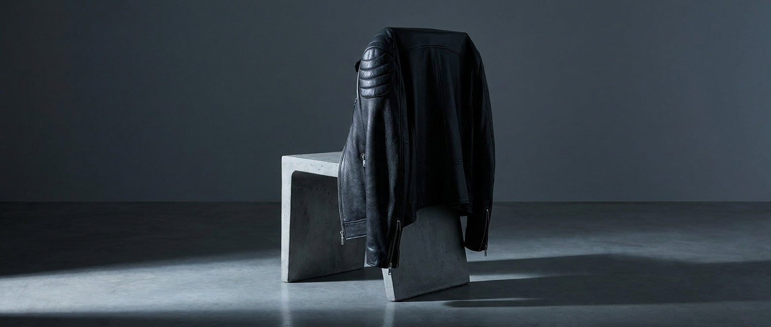 A premium black leather jacket draped over a minimalist concrete chair under dramatic studio lighting, showcasing its rich texture and tailored construction.