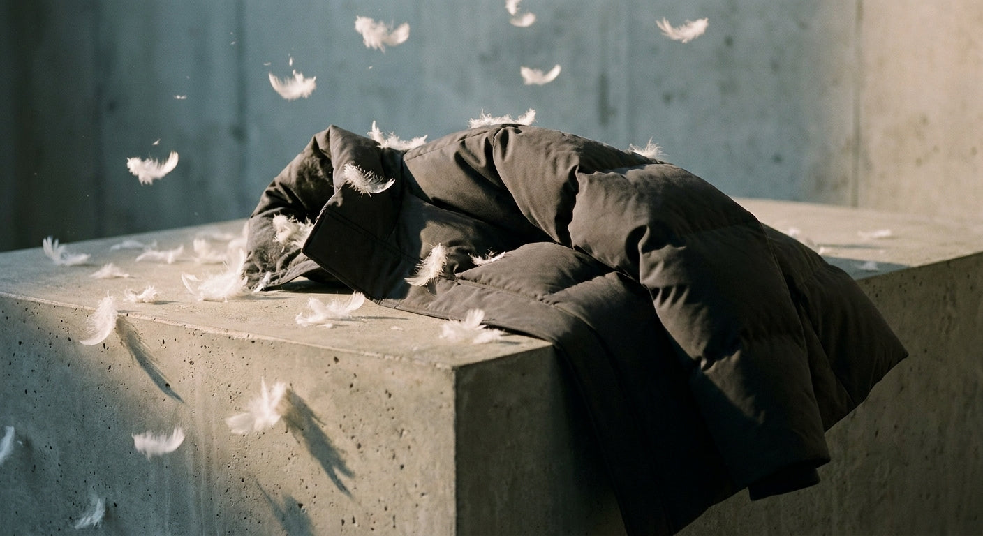 A premium puffer jacket draped on a concrete surface surrounded by floating white down feathers under soft studio lighting.