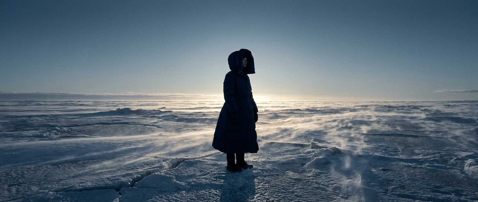 A solitary figure wearing a premium dark parka stands on a vast frozen tundra under a dramatic steel-blue winter sky with wind-swept snow along the ground.