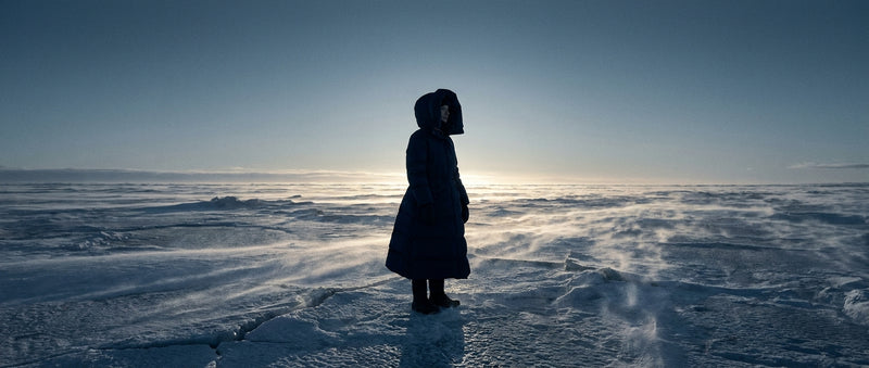 A solitary figure wearing a premium dark parka stands on a vast frozen tundra under a dramatic steel-blue winter sky with wind-swept snow along the ground.