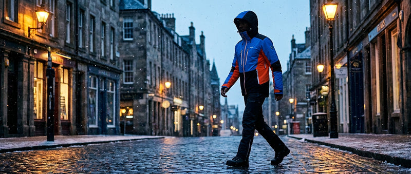 A fashion-forward person wearing a bold ski jacket walks through a snowy urban street at dusk, blending mountain performance style with city sophistication.