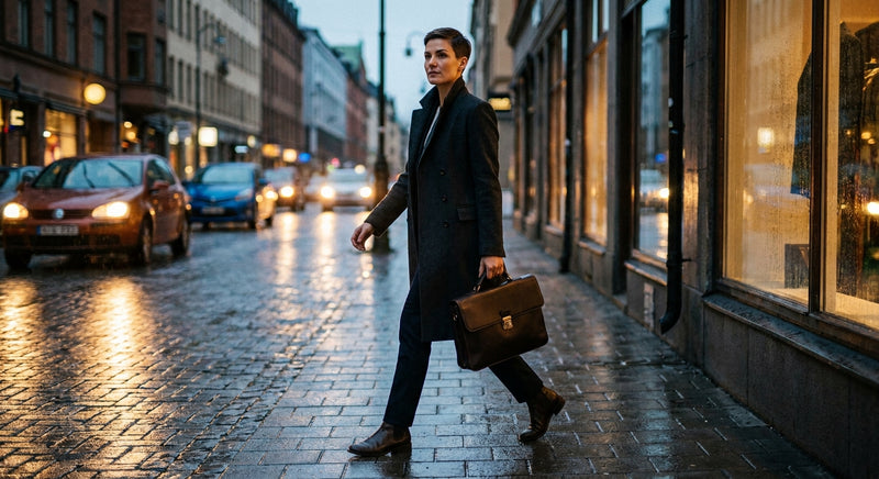 A fashion-forward professional in a tailored charcoal wool coat walks through a glowing city street at dusk, capturing the effortless transition from office to evening.