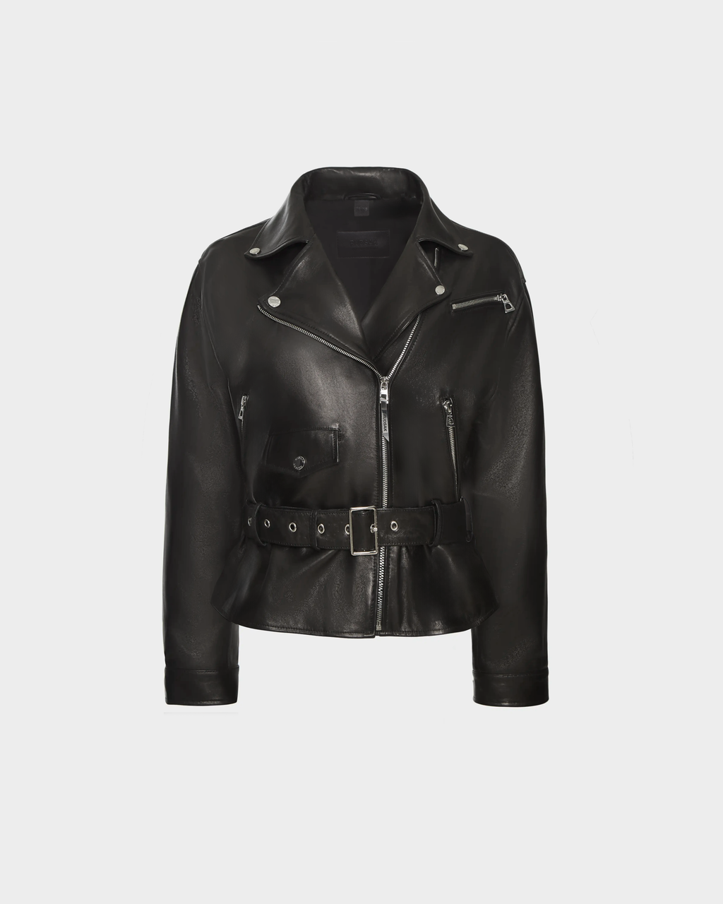The ARIELLE - 8124052 Black by Rudsak is a black lamb leather biker jacket with silver zippers, notched collar, front pockets, and a wide waist belt, shown on a plain white background.