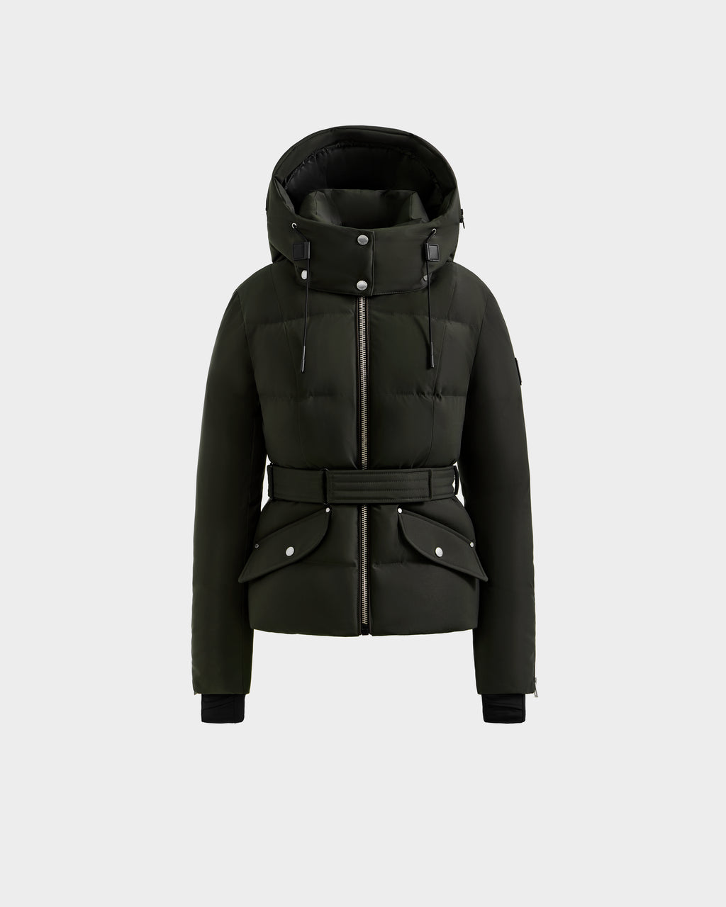 The Rudsak ADELINE H - 8125587 is a dark olive women’s down puffer jacket with a belted waist, large front pockets, high collar, attached hood, and front zipper, displayed on a plain light background.