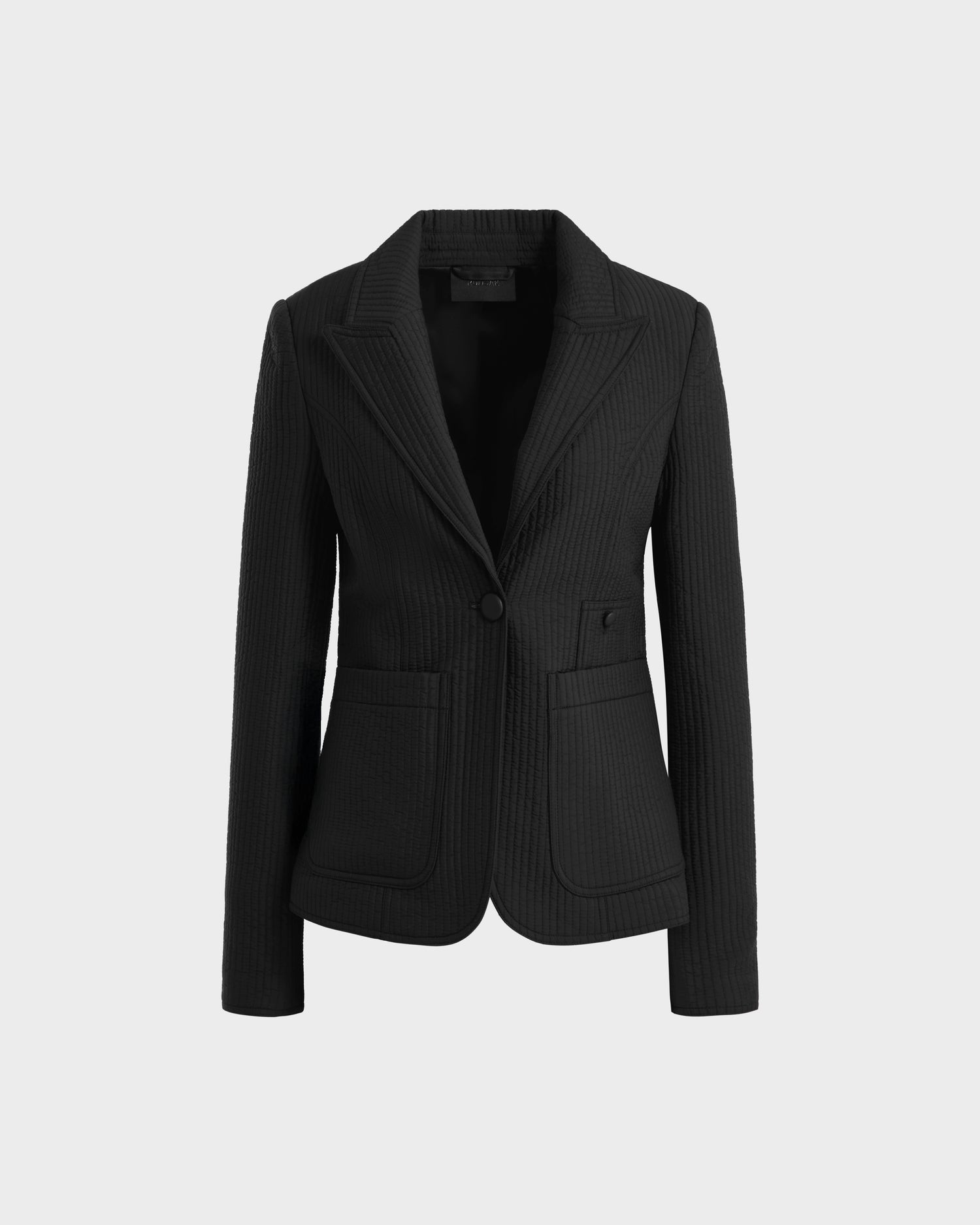 The Rudsak ALVERO Q - 8525629 Black is a women’s tailored blazer featuring a single-button closure, notched lapels, two front flap pockets, and subtle pinstripes, shown on a plain light gray background—ideal for polished looks.