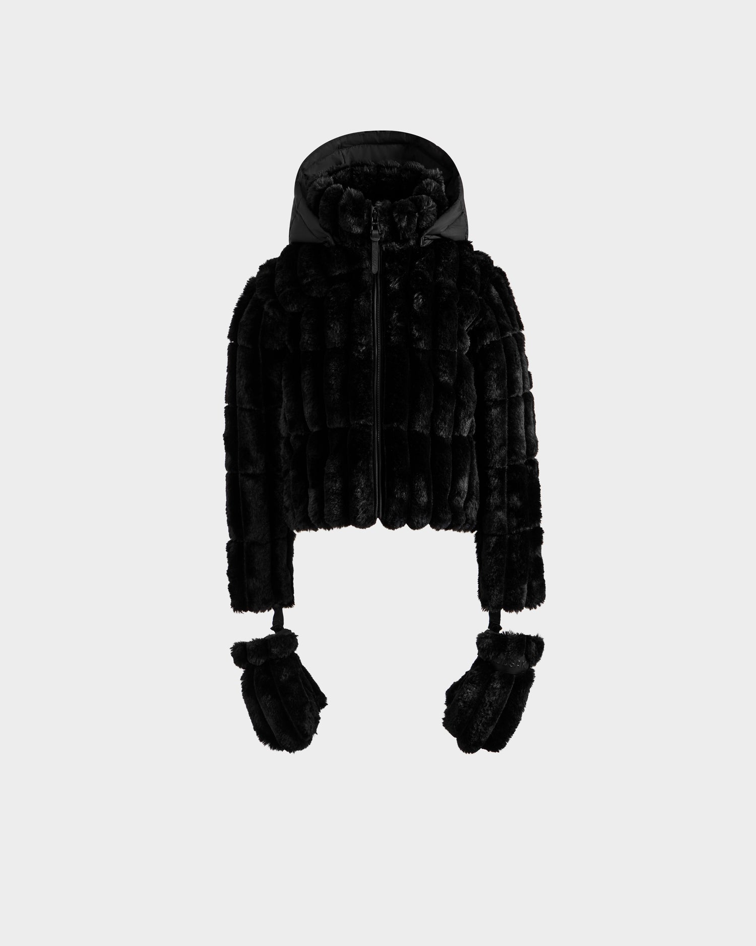 The ANASTASIA K - 0125000 Black puffer jacket by Rudsak for girls features a faux fur shell, front zipper, and matching detachable mittens on strings, shown against a plain light gray background.