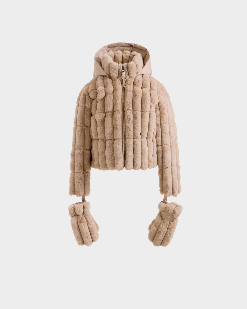 The Rudsak ANASTASIA K - 0125000 Vanilla is a beige cropped girl's puffer jacket with a cozy faux fur shell, hood, and matching fur mittens attached to the sleeves, shown against a plain white background.