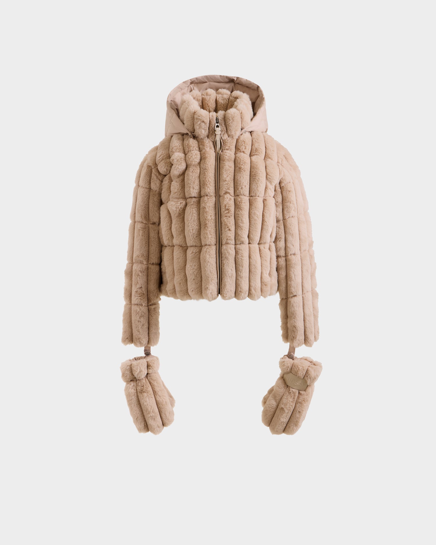 The Rudsak ANASTASIA K - 0125000 Vanilla is a beige cropped girl's puffer jacket with a cozy faux fur shell, hood, and matching fur mittens attached to the sleeves, shown against a plain white background.