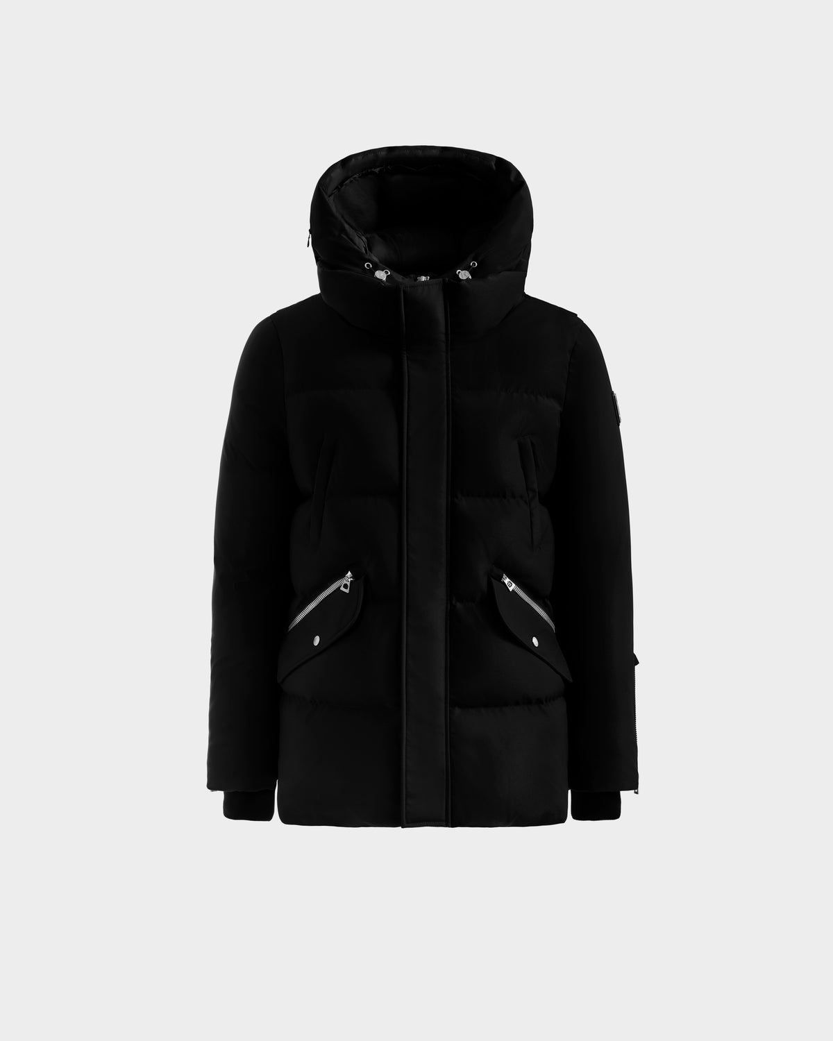 The Rudsak APOLLO H - 6125690 Black men’s quilted down parka features a front zipper closure and two large zippered pockets, shown on a plain white background.