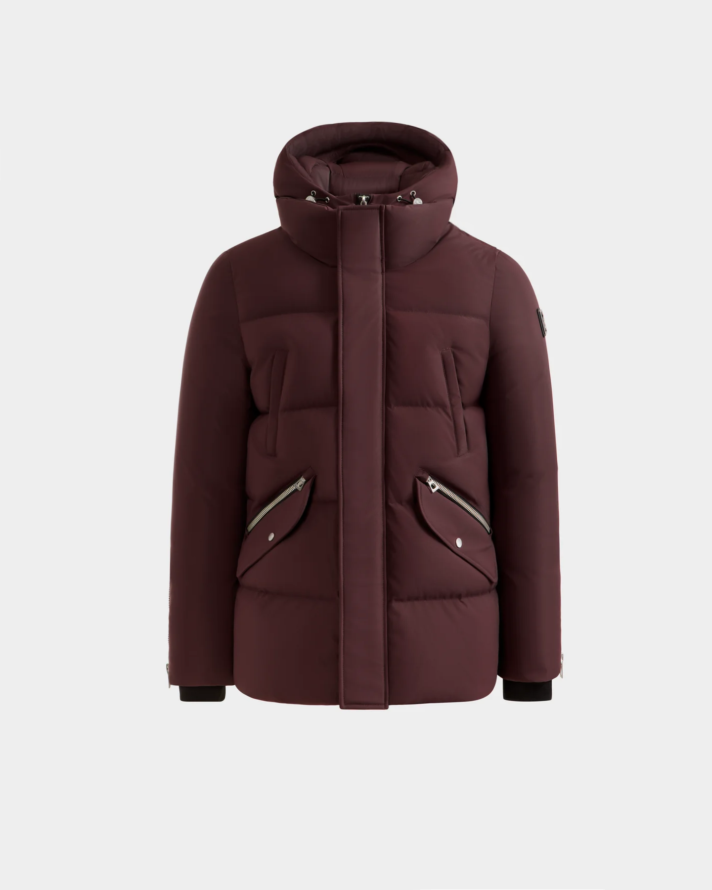 The Rudsak APOLLO H - 6125690 Bordeaux men’s quilted down parka features a hood, front flap-covered zipper, and two diagonal zippered side pockets with snap buttons, shown on a plain white background.