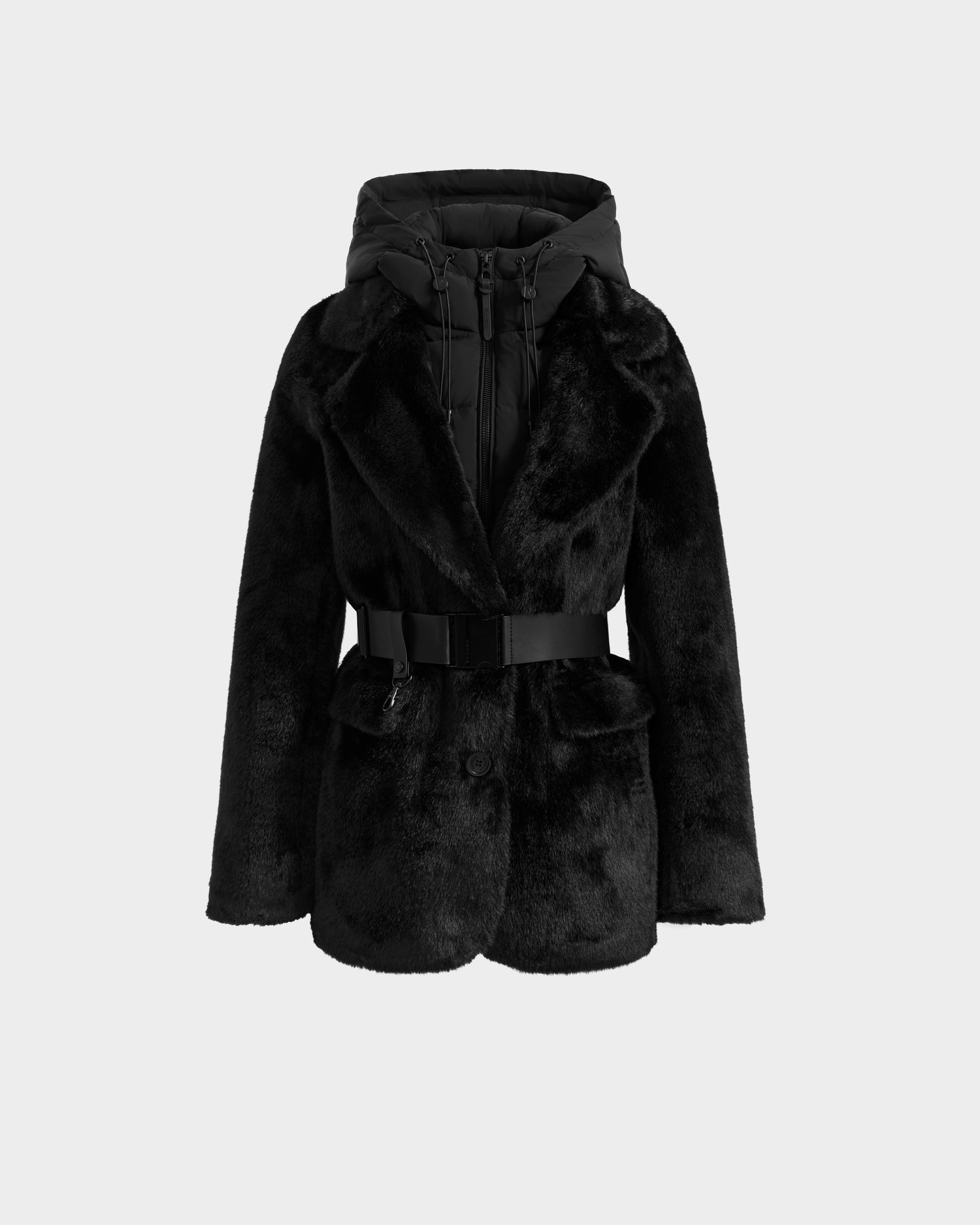 The Rudsak ASPEN F - 8125604 Black is a chic women’s faux fur jacket with a button closure, wide black waist belt, and matching cozy hood—ideal for elevating your cold-weather look. Shown on a plain light gray background.