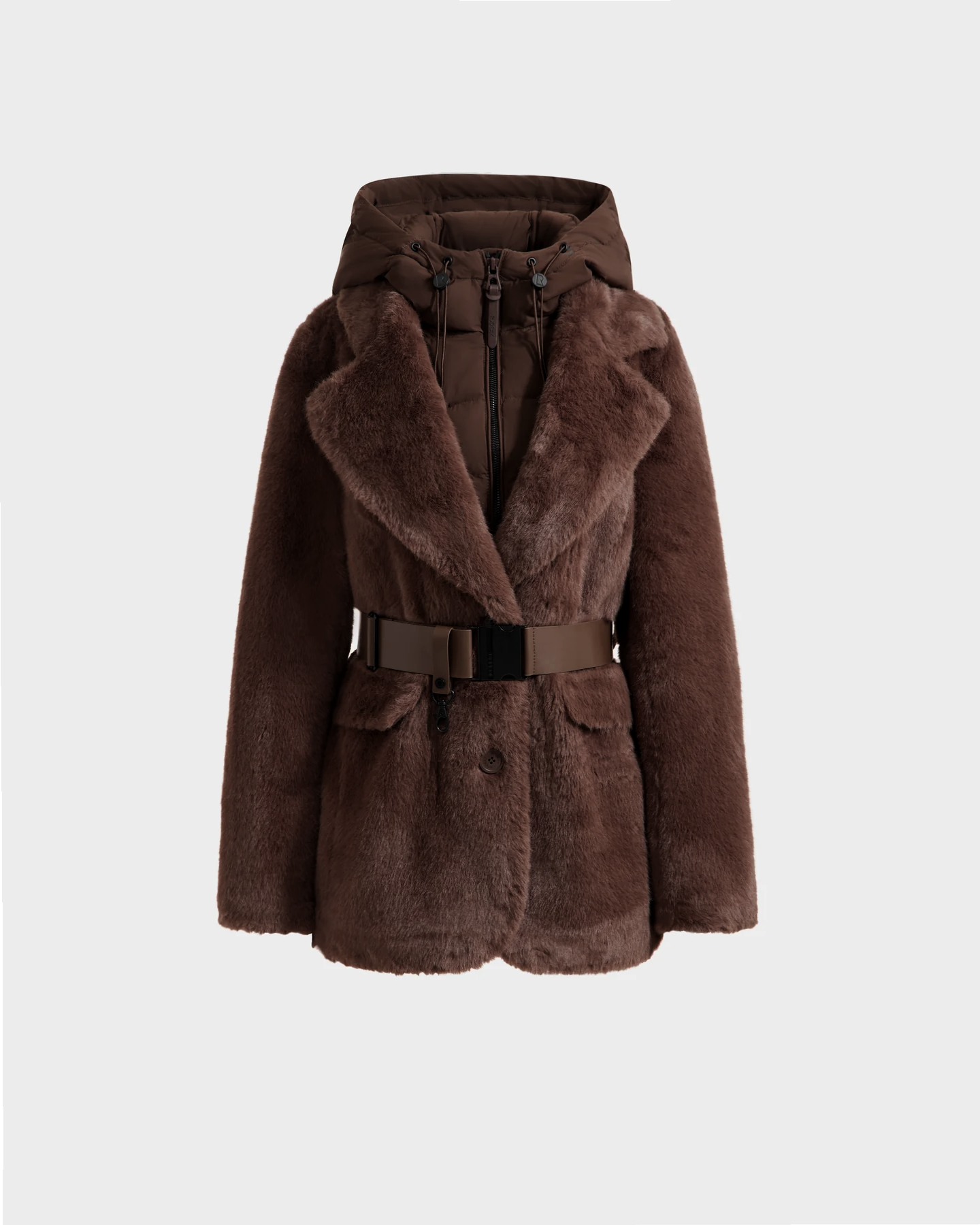 Rudsak ASPEN F - 8125604 Mocha women’s faux fur jacket features a hood, notched collar, button closure, matching belt, and two front pockets—ideal for cold weather. Shown against a plain light gray background.