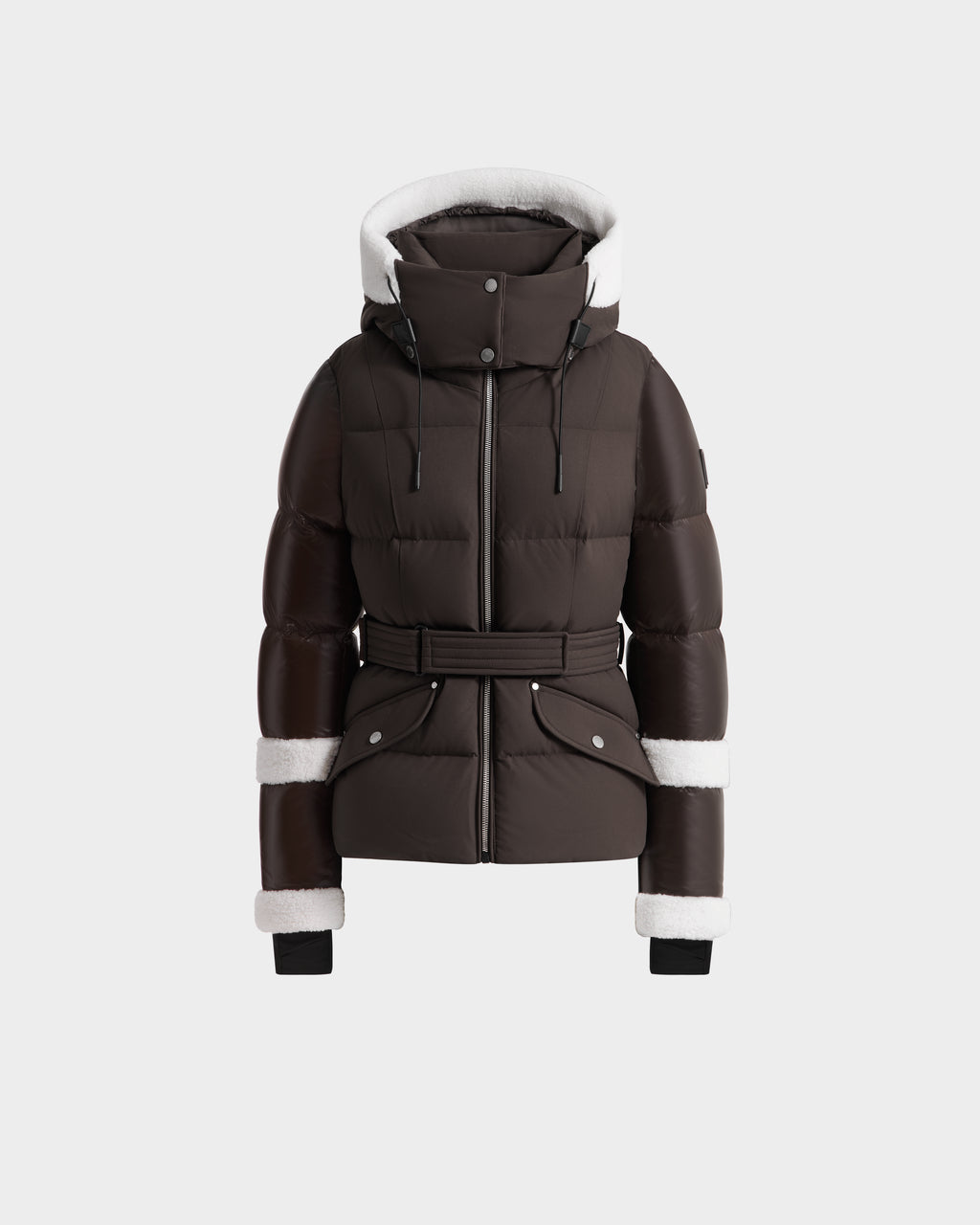 The Rudsak AUDREY - 8124582 Espresso is a dark brown, belted puffer jacket in recycled Stormshell fabric with a high collar, hood, and white shearling trim on the hood and sleeves, shown on a plain white background.