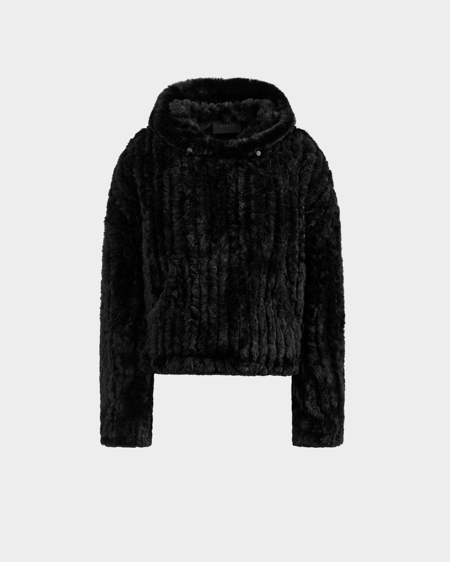 The Rudsak AUGUST - 8525658 Black faux fur hoodie features long sleeves and a soft, textured look, ideal for après-ski or winter lounging. Displayed on a plain light gray background.