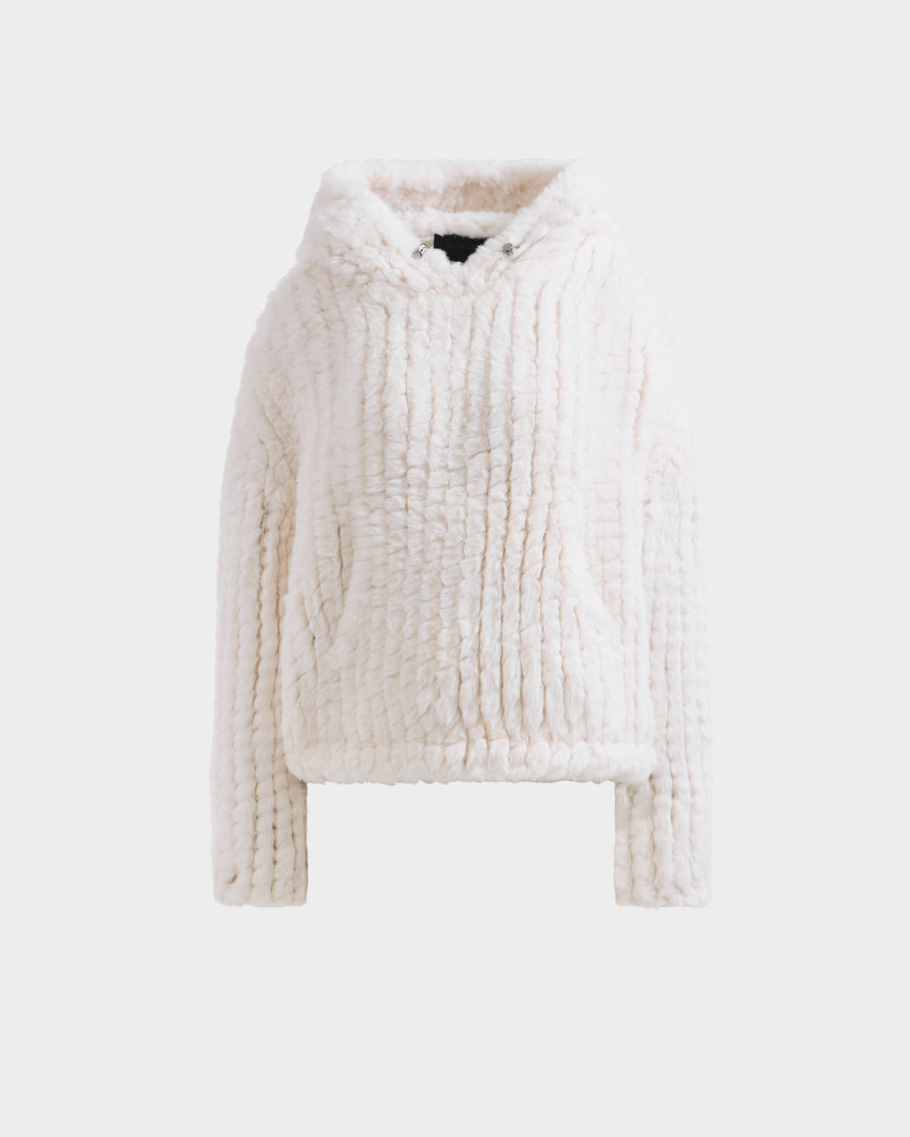 The Rudsak AUGUST - 8525658 Iceland is a soft, plush white faux fur hoodie with long sleeves, relaxed fit, and drawstring hood—ideal for après-ski or winter lounging—shown on a plain white background.