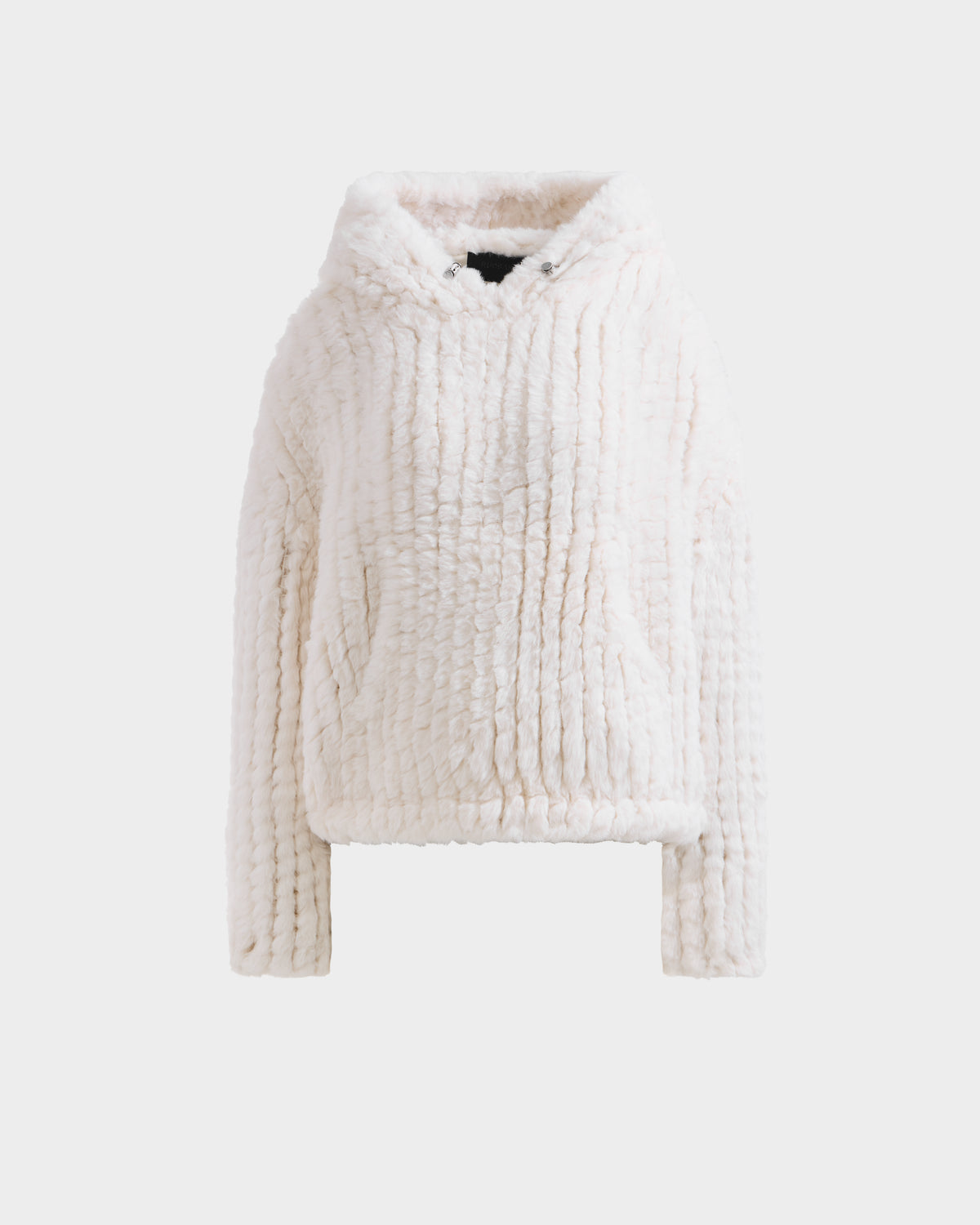 The Rudsak AUGUST - 8525658 Iceland is a soft, plush white faux fur hoodie with long sleeves, relaxed fit, and drawstring hood—ideal for après-ski or winter lounging—shown on a plain white background.