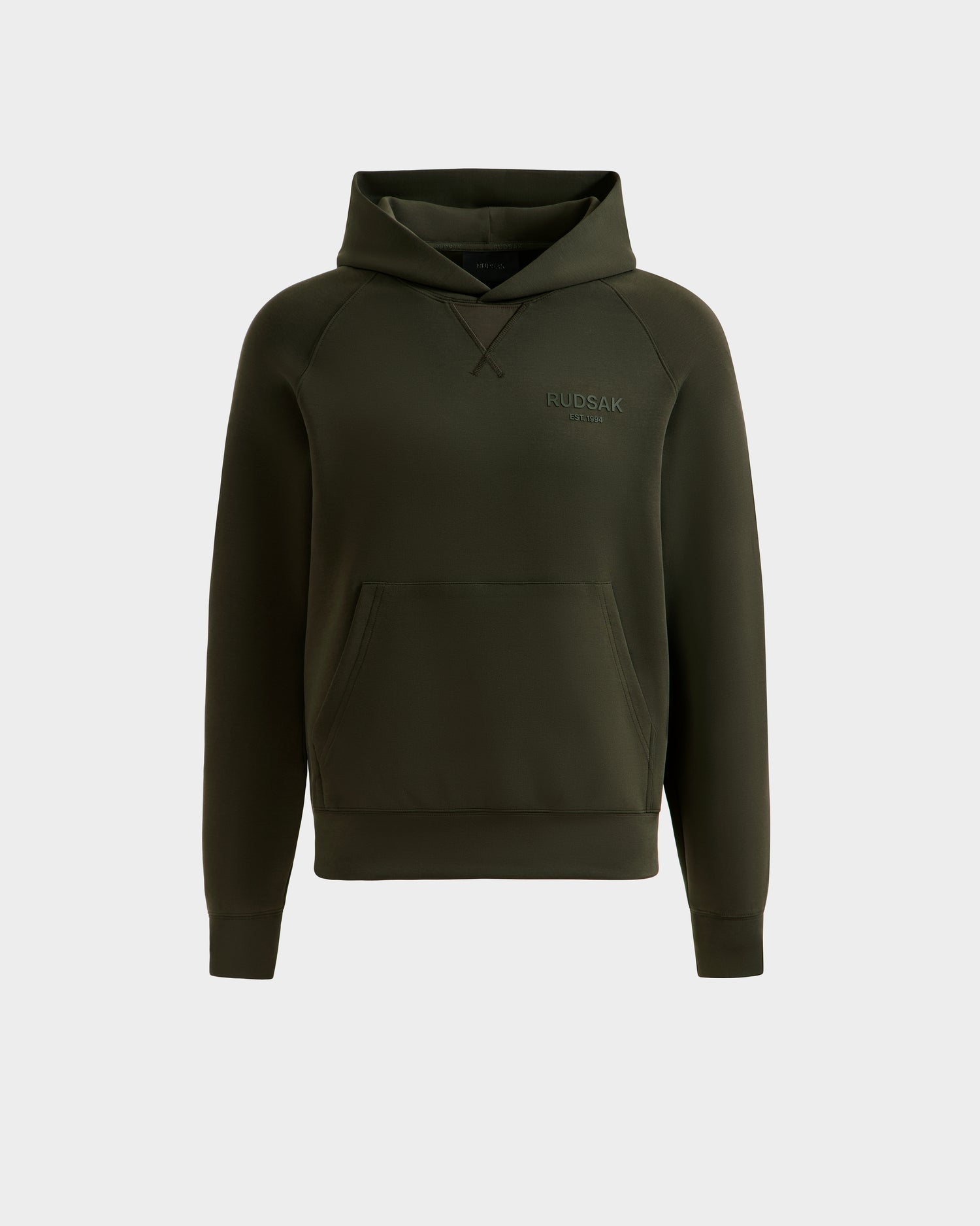 The BARRY - 9524011 Dark Olive M by Rudsak is a unisex hoodie with a front kangaroo pocket, subtle left chest logo, and ribbed cuffs and hem, shown on a light plain background.