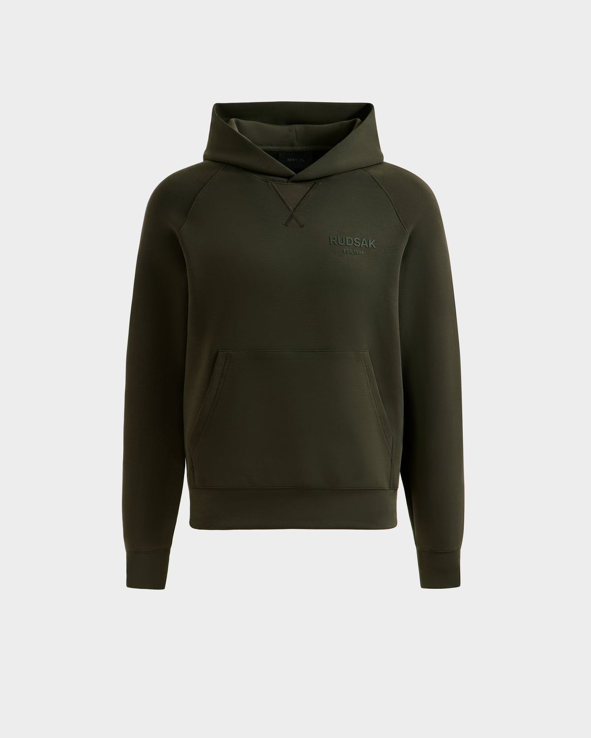 The BARRY - 9524011 Dark Olive M by Rudsak is a unisex hoodie with a front kangaroo pocket, subtle left chest logo, and ribbed cuffs and hem, shown on a light plain background.