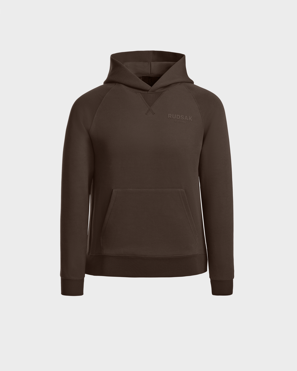 The Rudsak BARRY - 9524011 Espresso W hoodie features an oversized fit, long sleeves, a front kangaroo pocket, and subtle chest branding. This versatile unisex piece is shown against a plain light background.