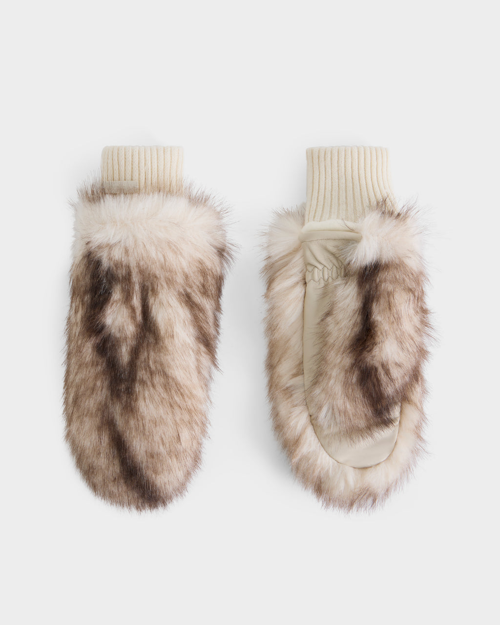 A pair of Rudsak BELLA - 8425006 Mix Vanilla faux fur mittens with cream-colored knit cuffs and a soft exterior in shades of brown and beige, perfect for adding cozy style to your winter accessories collection, displayed on a white background.