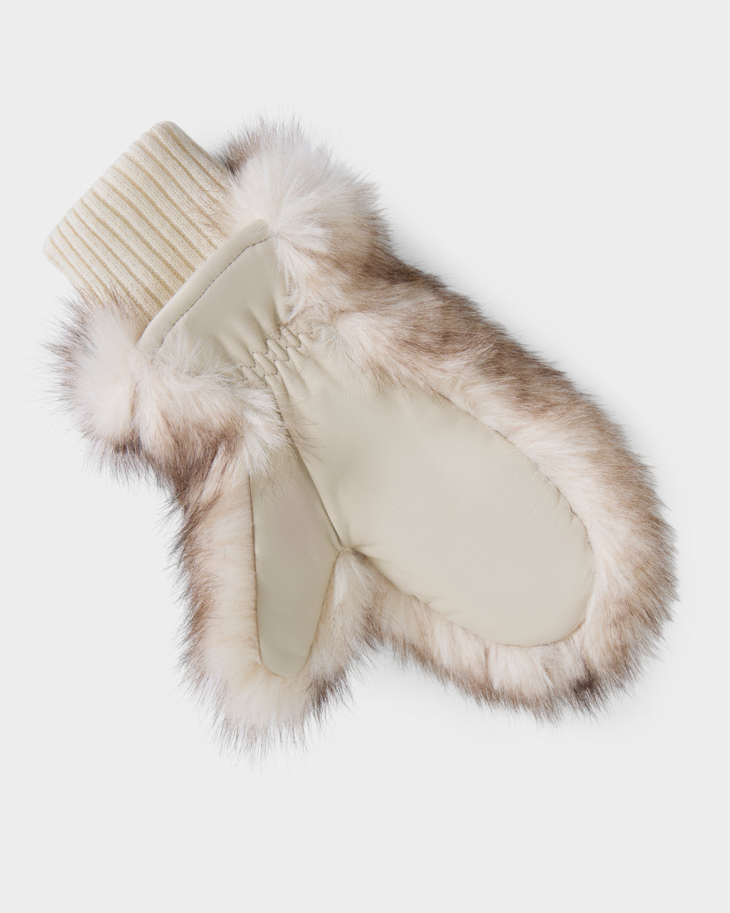 The BELLA - 8425006 Mix Vanilla mitten by Rudsak features cream-colored leather, a knit wrist cuff, and light brown faux fur trim—displayed on a white background, it’s a cozy addition to your collection of winter accessories.