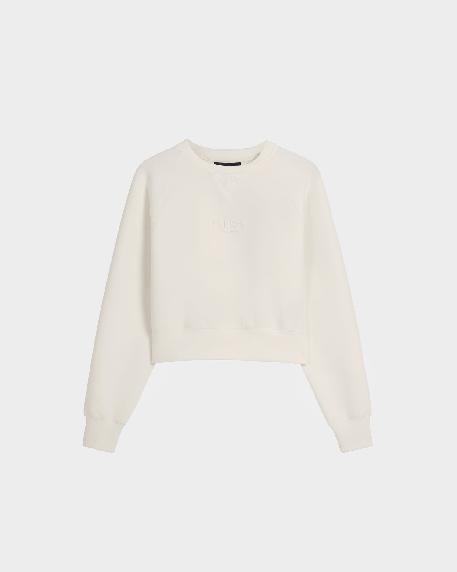The BETSY - 8525087 Iceland by Rudsak is a women's plain, long-sleeved crop sweater with a crewneck, ribbed cuffs and hem, made from a soft cotton blend, shown against a white background.