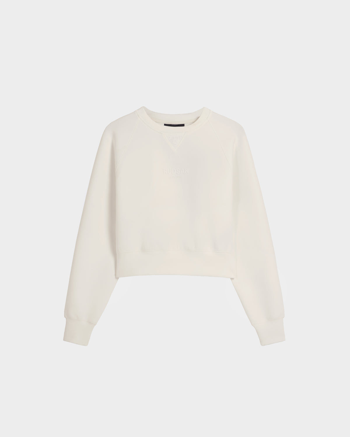 The BETSY - 8525087 Iceland by Rudsak is a women's plain, long-sleeved crop sweater with a crewneck, ribbed cuffs and hem, made from a soft cotton blend, shown against a white background.
