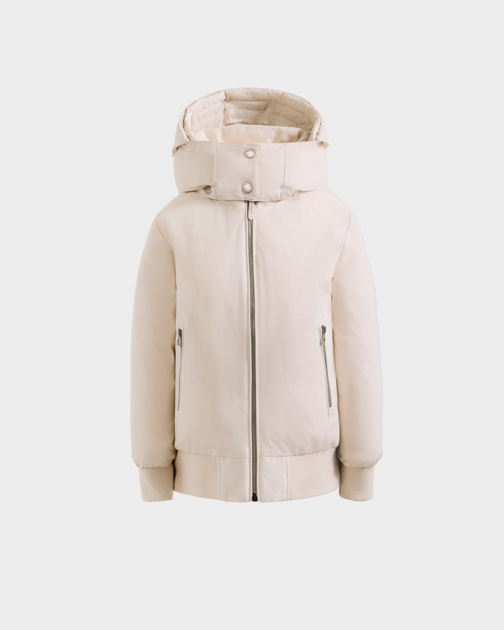 The Rudsak BOOKER K - 0124500 Vanilla is a cream-colored, weather-resistant puffer jacket with a removable hood, front zipper, snap collar buttons, and two zippered side pockets. Displayed on a plain white background.