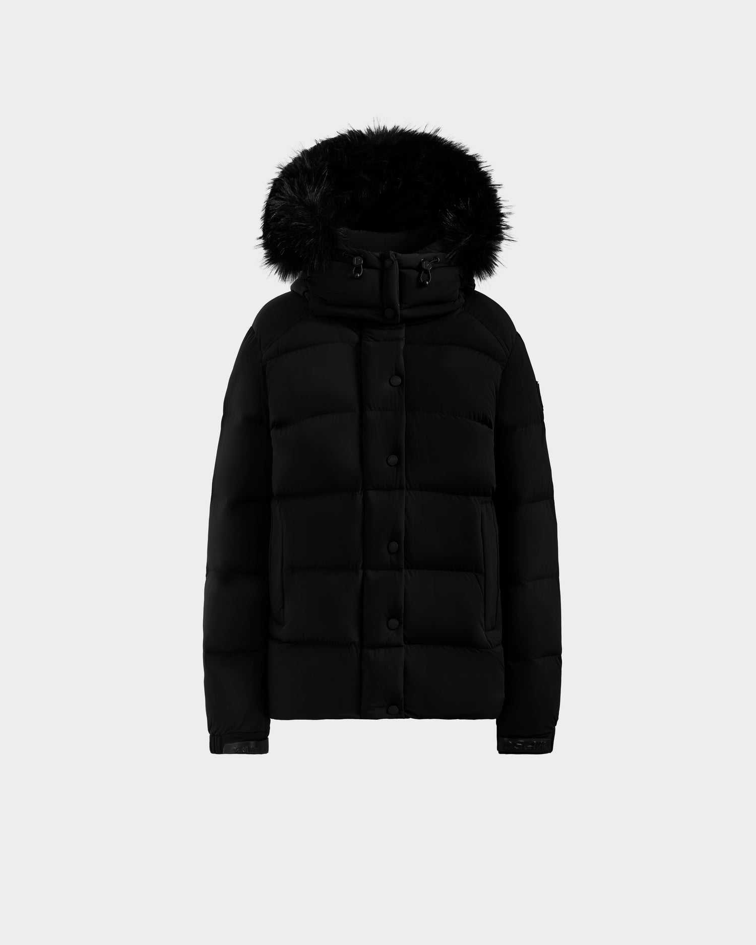 The Rudsak BREE M - L125582 Black women's down puffer jacket features a front button closure and a hood with black faux fur trim, shown against a plain light gray background—a must-have for cold weather.