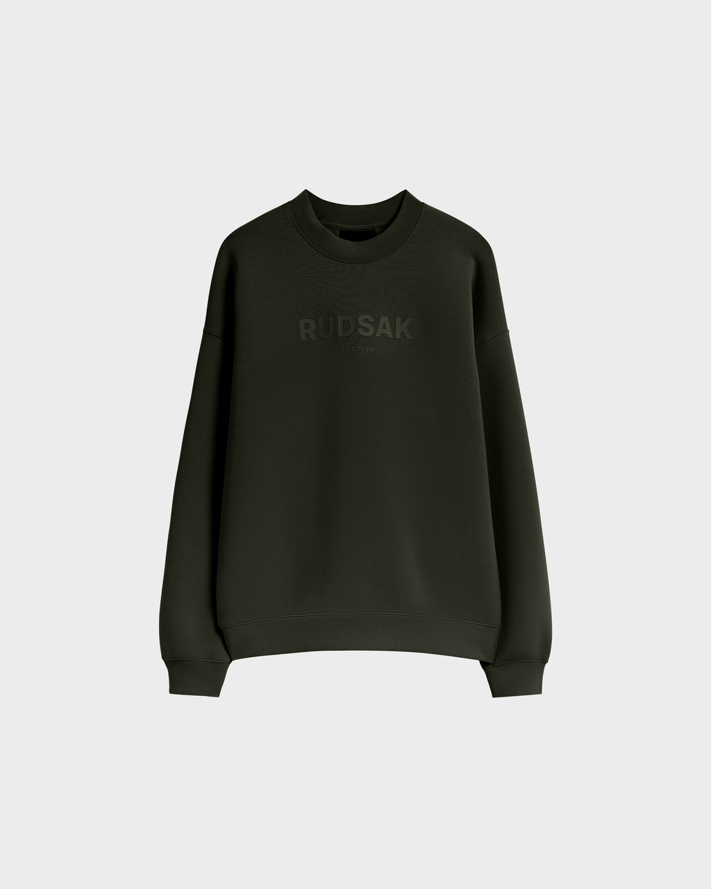 The BRYN - 9524007 Dark Olive M by Rudsak is a dark green cotton crewneck sweatshirt with long sleeves, subtle front branding, an everyday fit, and genderless sizing, displayed on a plain light background.