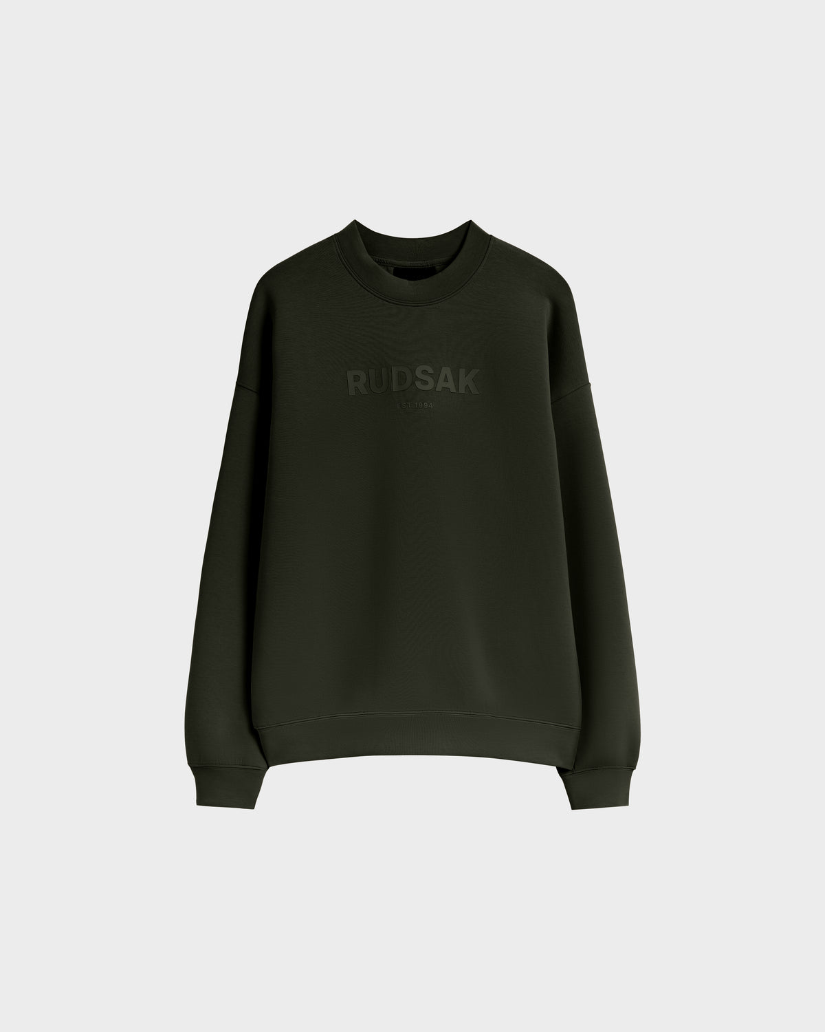 The BRYN - 9524007 Dark Olive M by Rudsak is a dark green cotton crewneck sweatshirt with long sleeves, subtle front branding, an everyday fit, and genderless sizing, displayed on a plain light background.