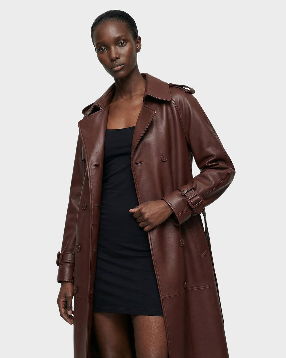 CASSIE L-B Rust Bonded Leather Trench Coat | Timeless Women's