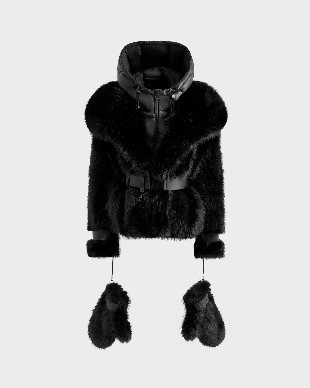 The Rudsak CHLOE - 8125619 Black is a luxurious women’s faux fur jacket with a large hood, wide collar, belted waist, and matching fur mittens attached by cords—an elegant upgrade for your winter wardrobe.