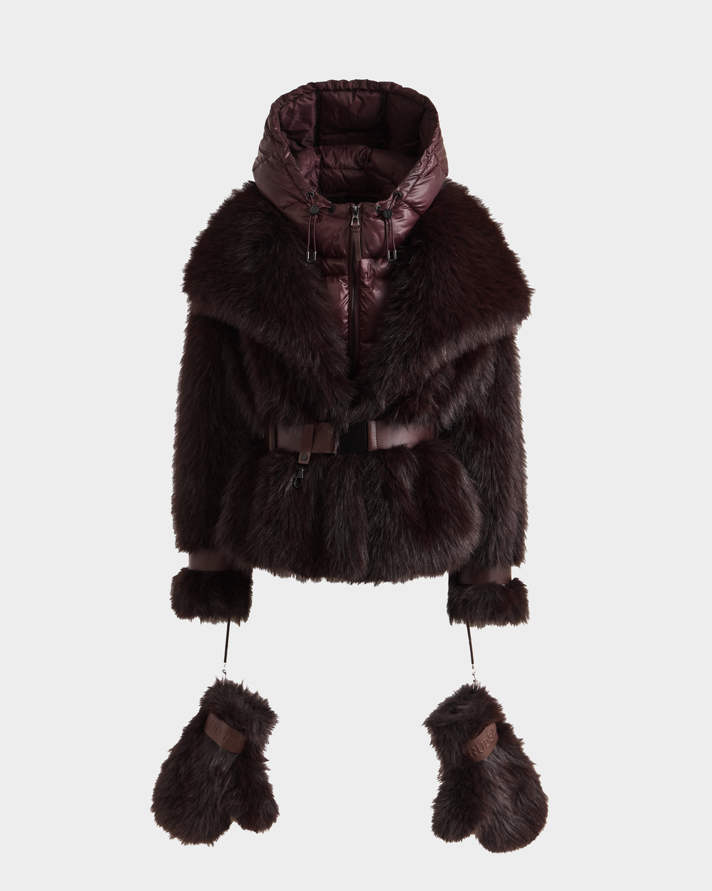 The CHLOE - 8125619 Bordeaux by Rudsak is a dark brown women's faux fur jacket featuring a hood, large lapels, belted waist, and detachable mittens on cords—perfect for winter style and warmth.