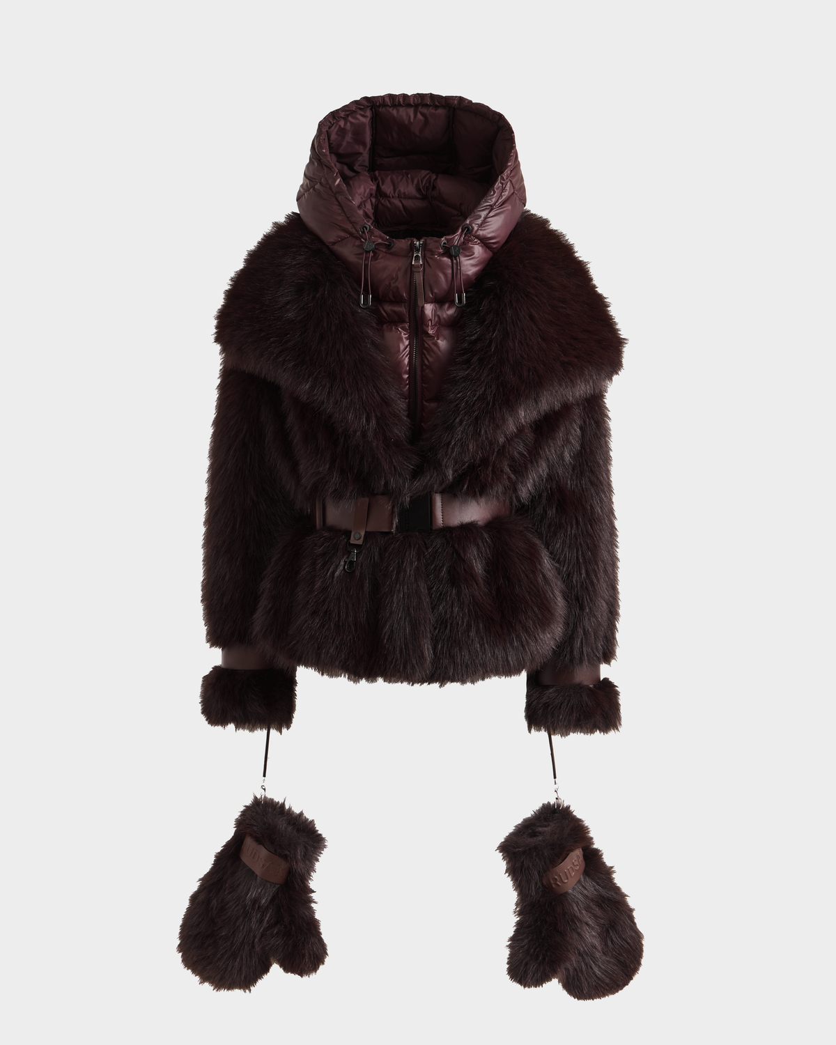 The CHLOE - 8125619 Bordeaux by Rudsak is a dark brown women's faux fur jacket featuring a hood, large lapels, belted waist, and detachable mittens on cords—perfect for winter style and warmth.