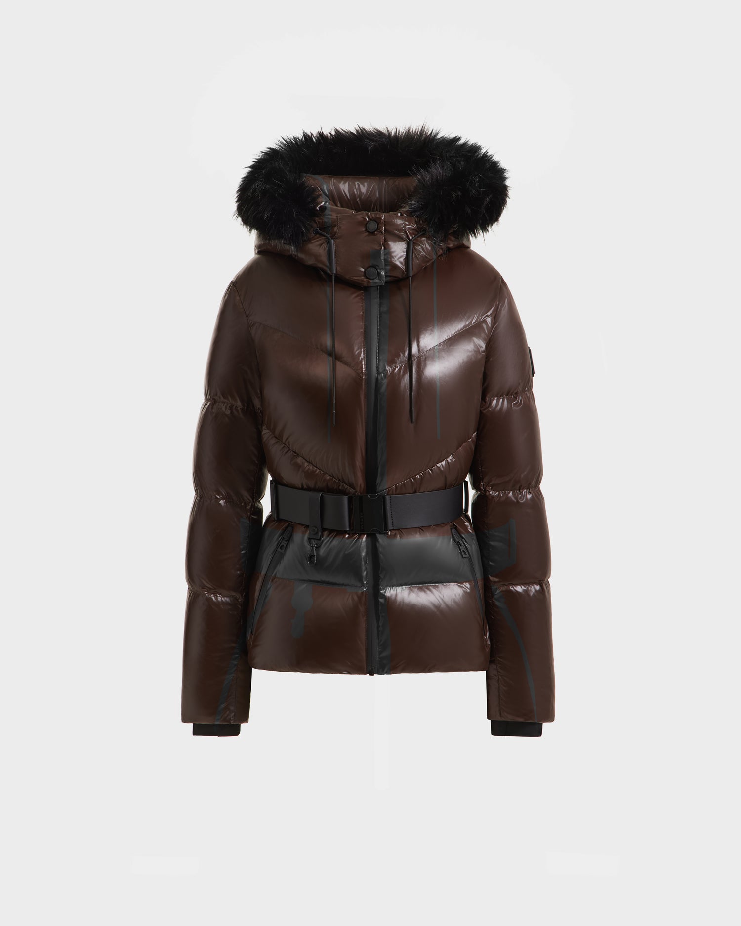 The Rudsak CHRISTELLE S - L125544 Espresso is a shiny, dark brown women’s down puffer jacket with a faux fur trimmed hood, black belt, front zipper, and long sleeves, shown against a plain white background.