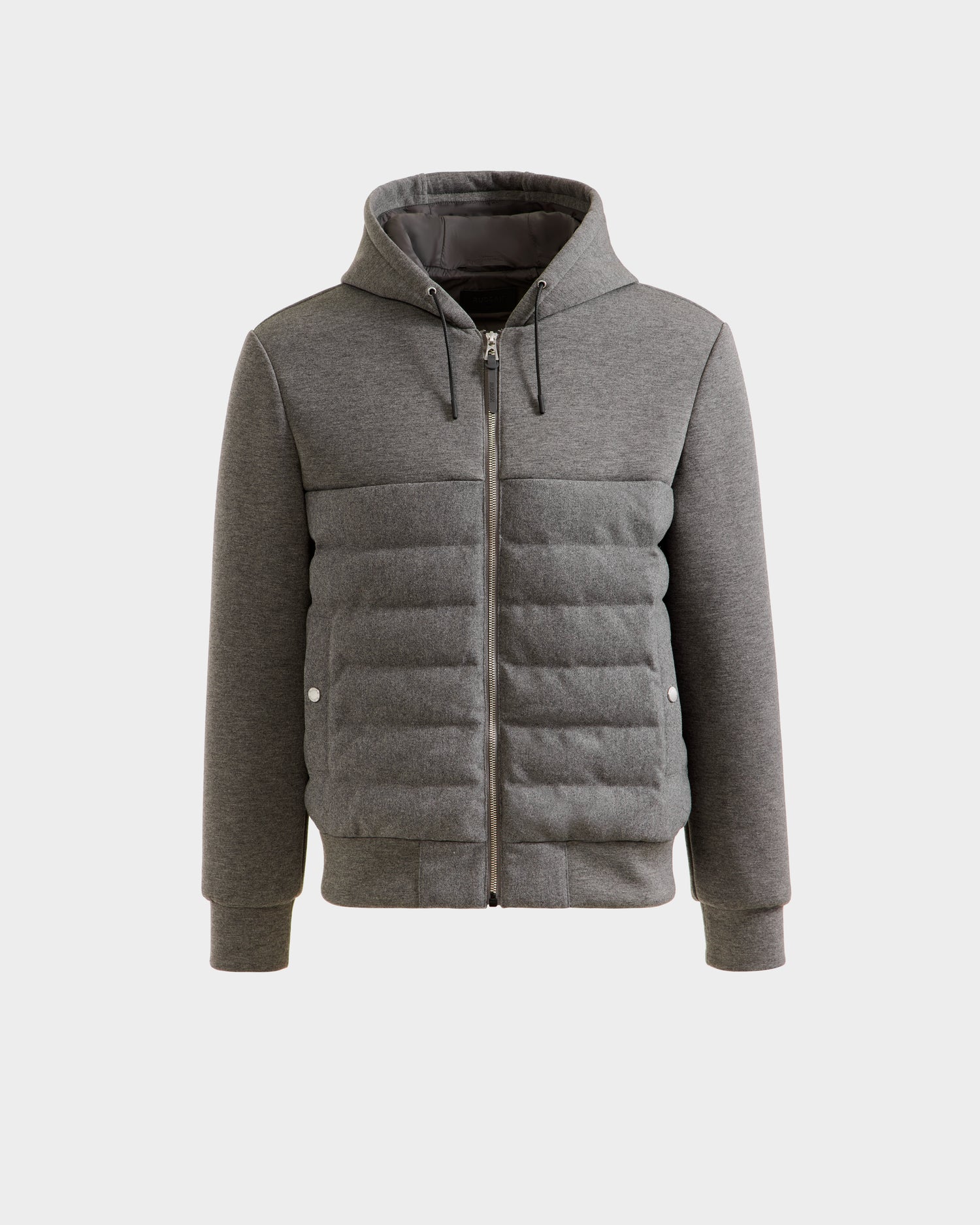 The Rudsak CURTIS W - 6125581 Grey is a men's lightweight down jacket with a gray hood, front zipper, quilted body, and smooth long sleeves, ideal for urban layering. Shown against a plain white background.