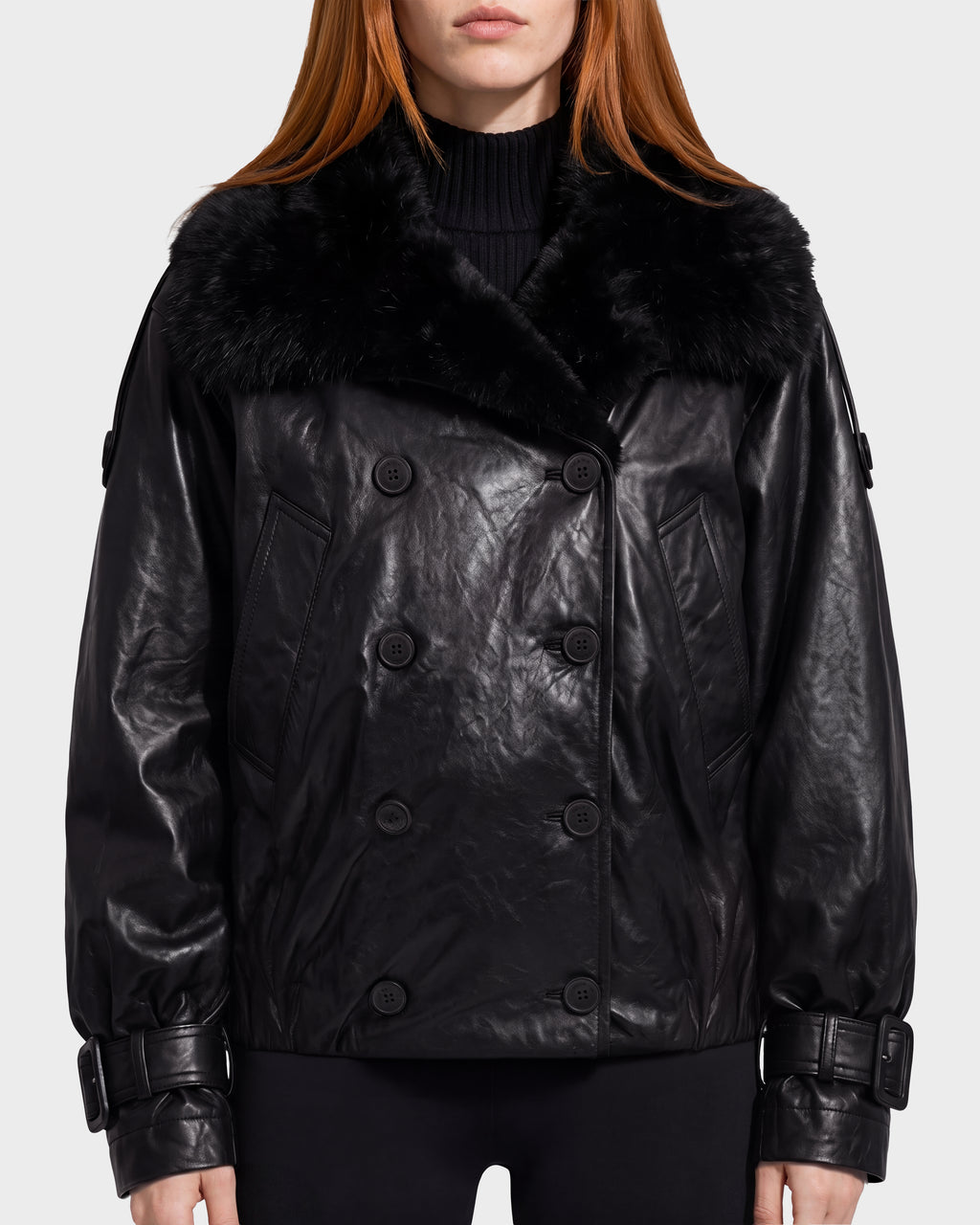 Rudsak JANELLE - 8126936 Black double-breasted leather bomber with a faux fur collar and a modern silhouette.