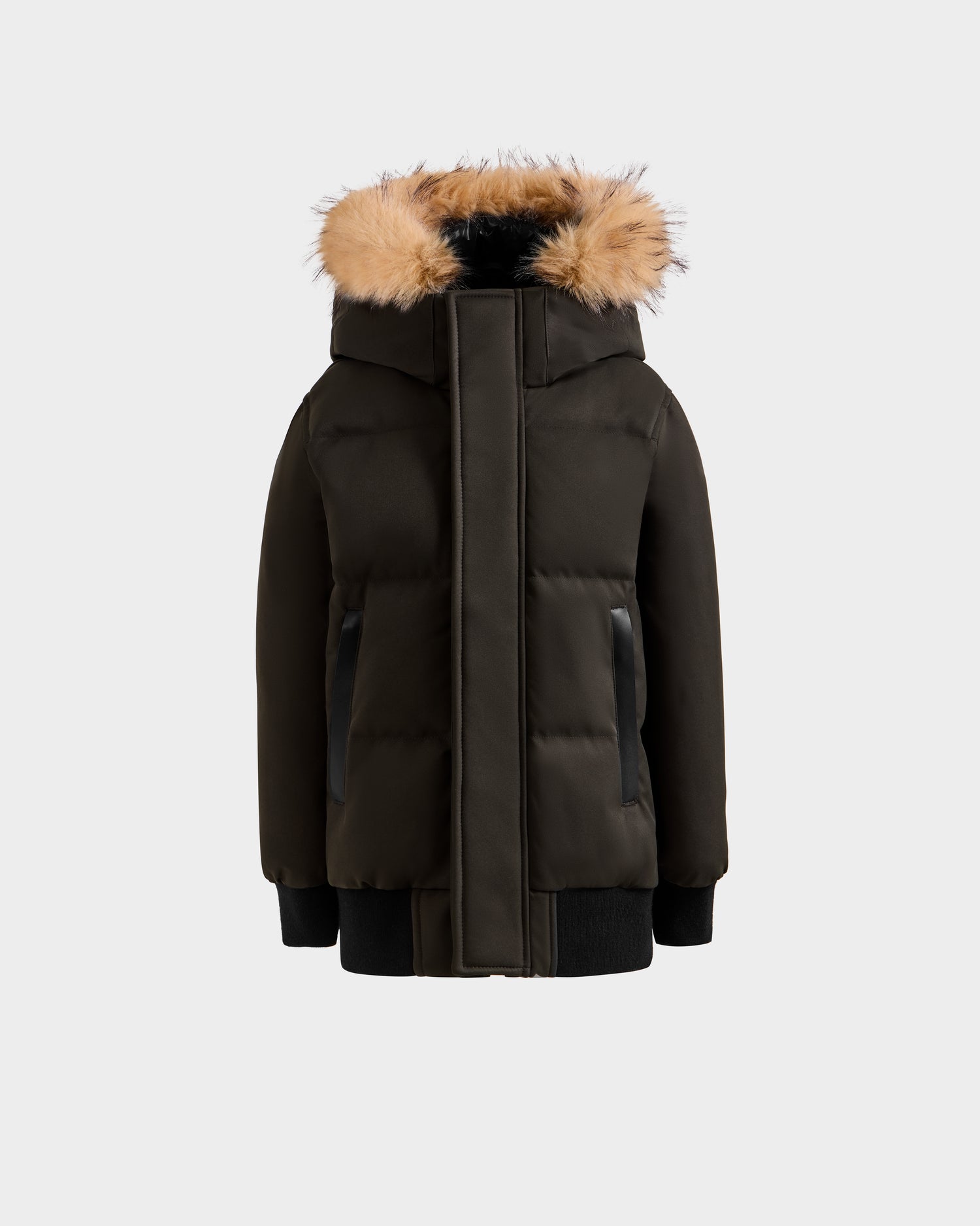 The Rudsak DALLAS K - K125501 in dark olive is a puffer jacket with a fur-trimmed hood, front zipper, two side pockets, and ribbed cuffs and hem, shown against a plain white background.