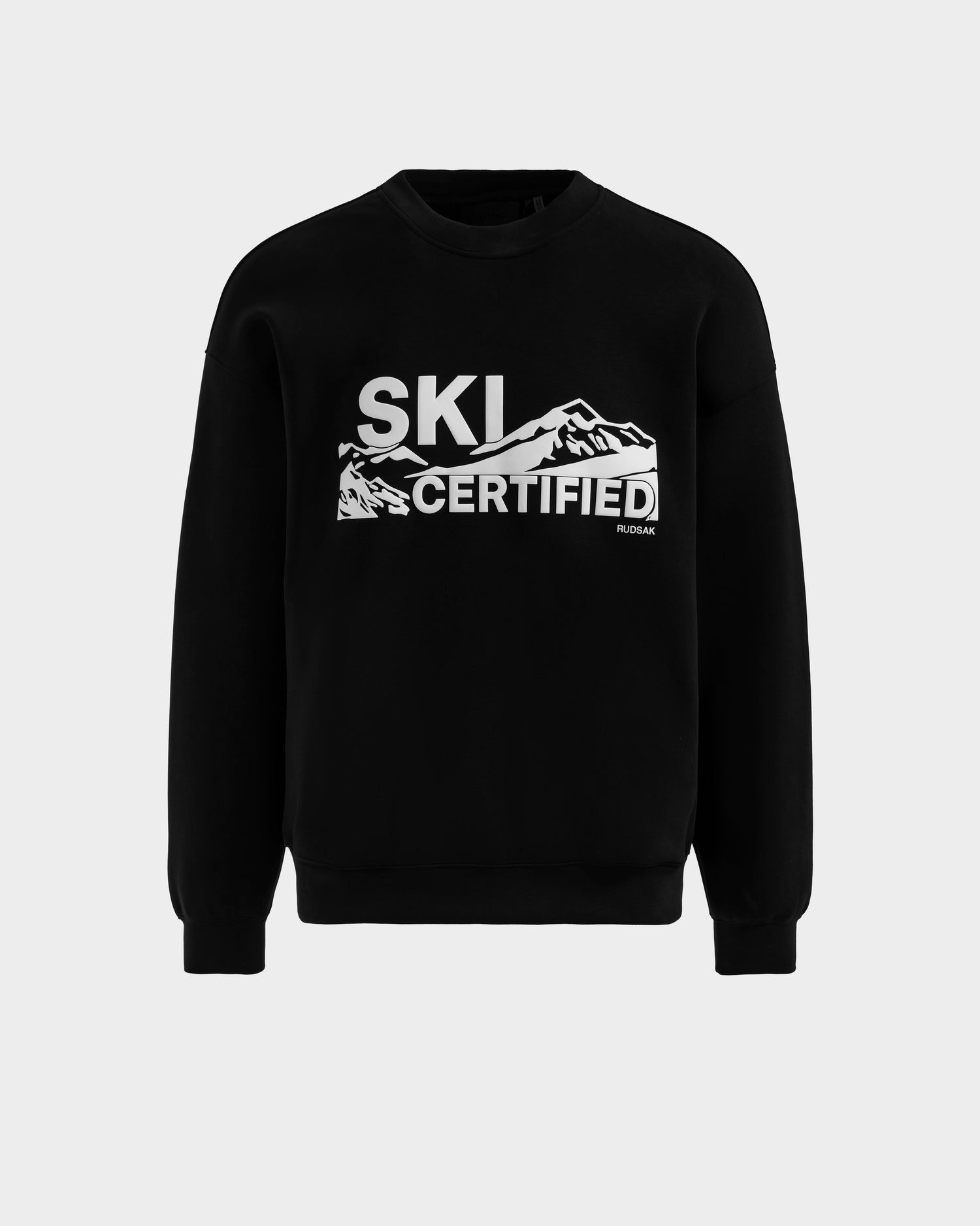 The DECLAN - 6525648 Black men’s crewneck sweatshirt from Rudsak features bold white lettering and a mountain graphic above "CERTIFIED," offering cool style and comfort for any adventure.