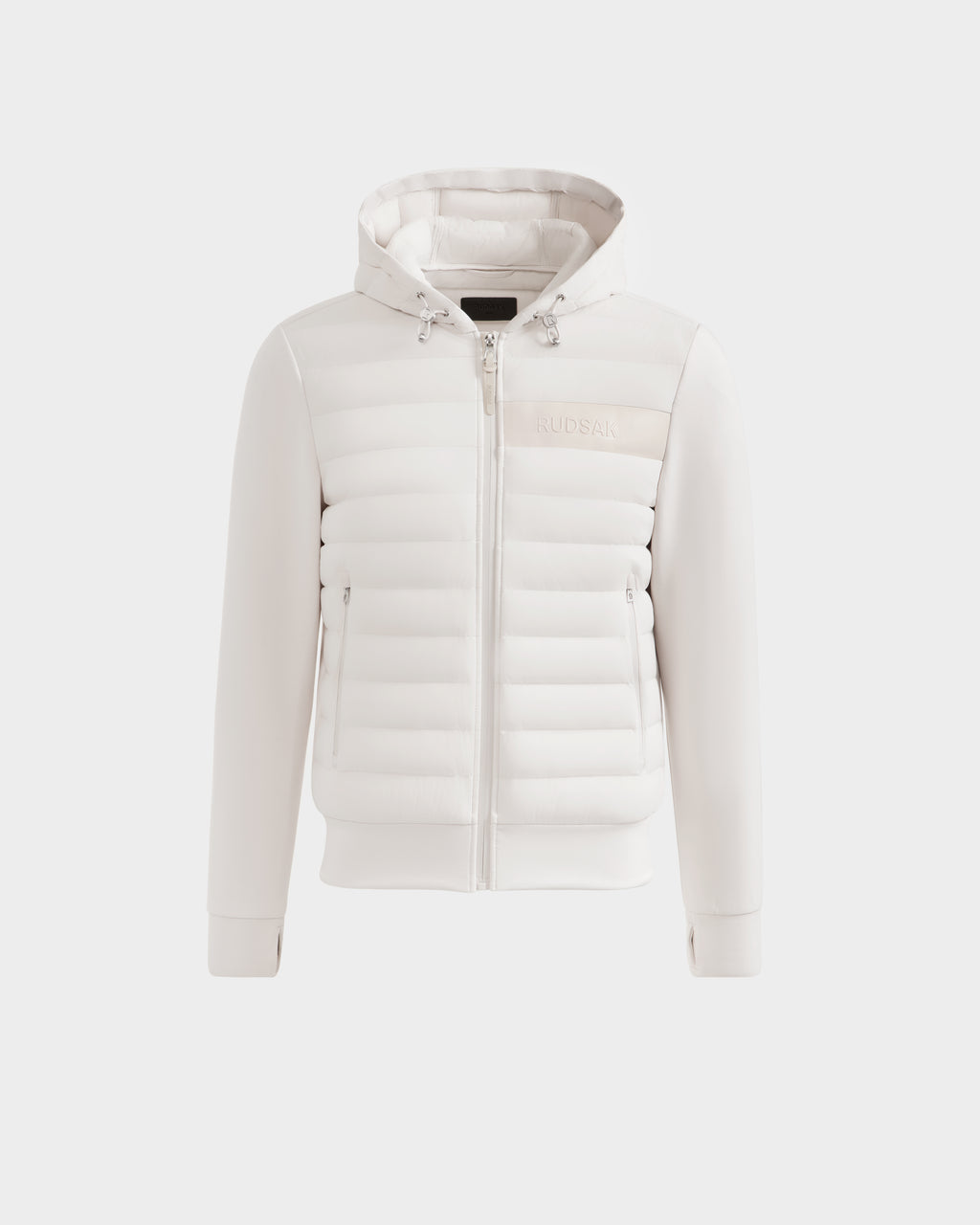 The Rudsak DEE MP - 6125673 Vanilla is a men’s white lightweight down jacket with horizontal quilting, hood, chest branding, front zipper, and waterproof zippered side pockets, shown against a plain light background.