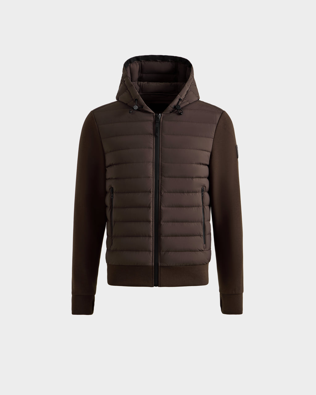The Rudsak DEE MAT - 6124028 Espresso is a men's hybrid down jacket in brown with quilted front and sleeves, zippered closure and side pockets, plus fitted waist and cuffs. Shown on a white background—ideal for an urban look.