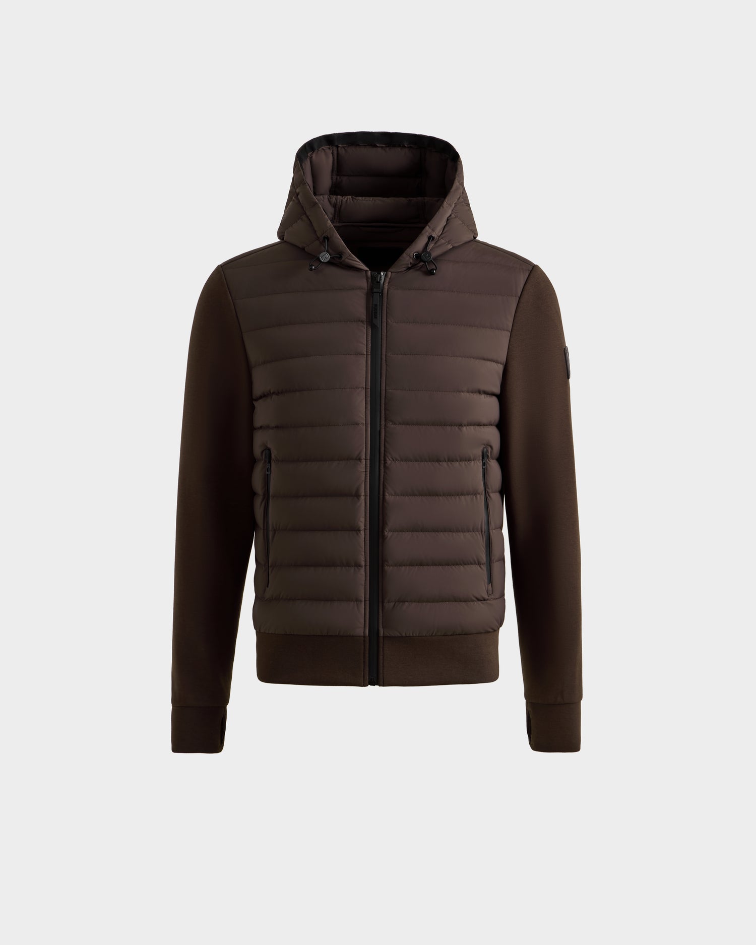 The Rudsak DEE MAT - 6124028 Espresso is a men's hybrid down jacket in brown with quilted front and sleeves, zippered closure and side pockets, plus fitted waist and cuffs. Shown on a white background—ideal for an urban look.