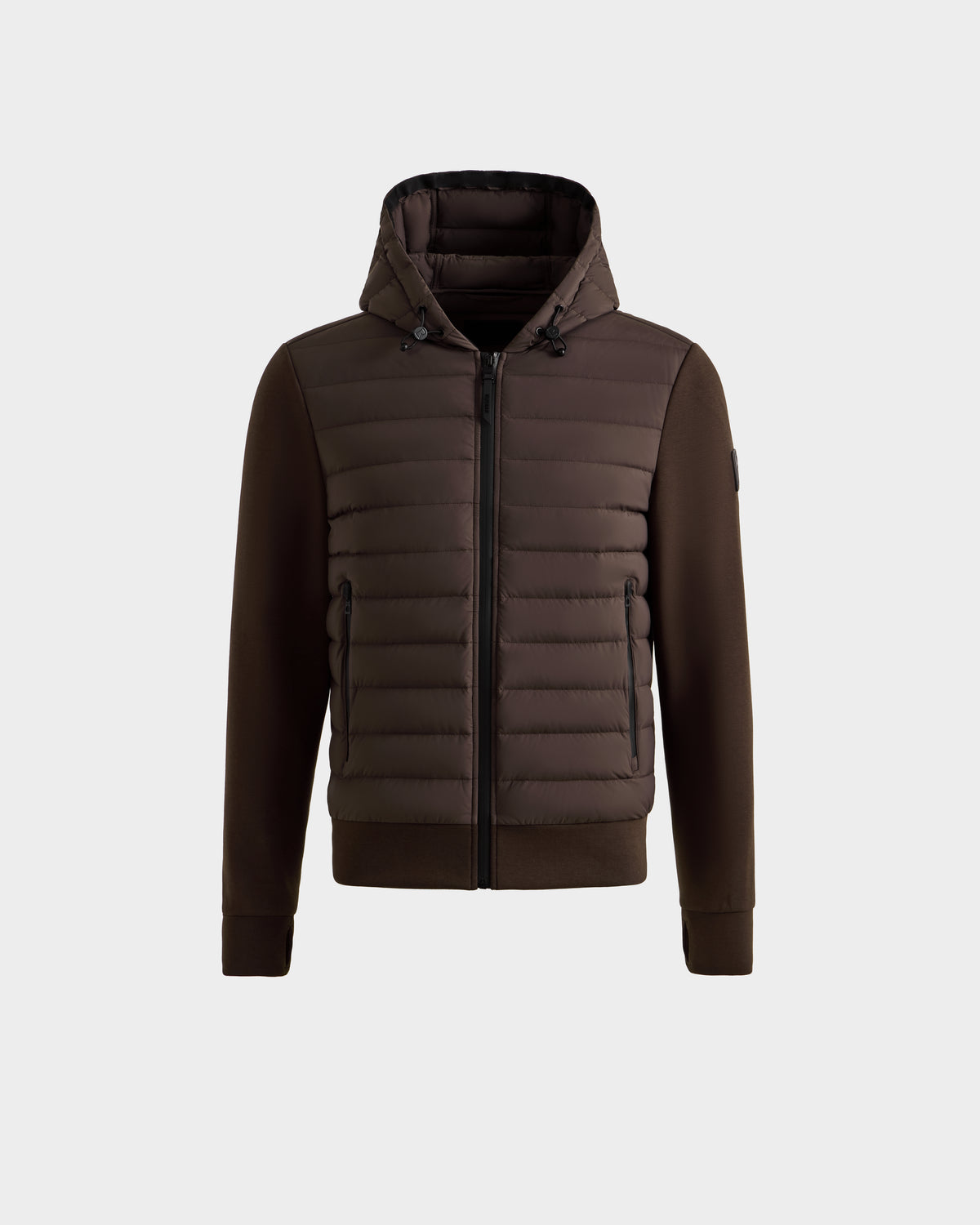 The Rudsak DEE MAT - 6124028 Espresso is a men's hybrid down jacket in brown with quilted front and sleeves, zippered closure and side pockets, plus fitted waist and cuffs. Shown on a white background—ideal for an urban look.