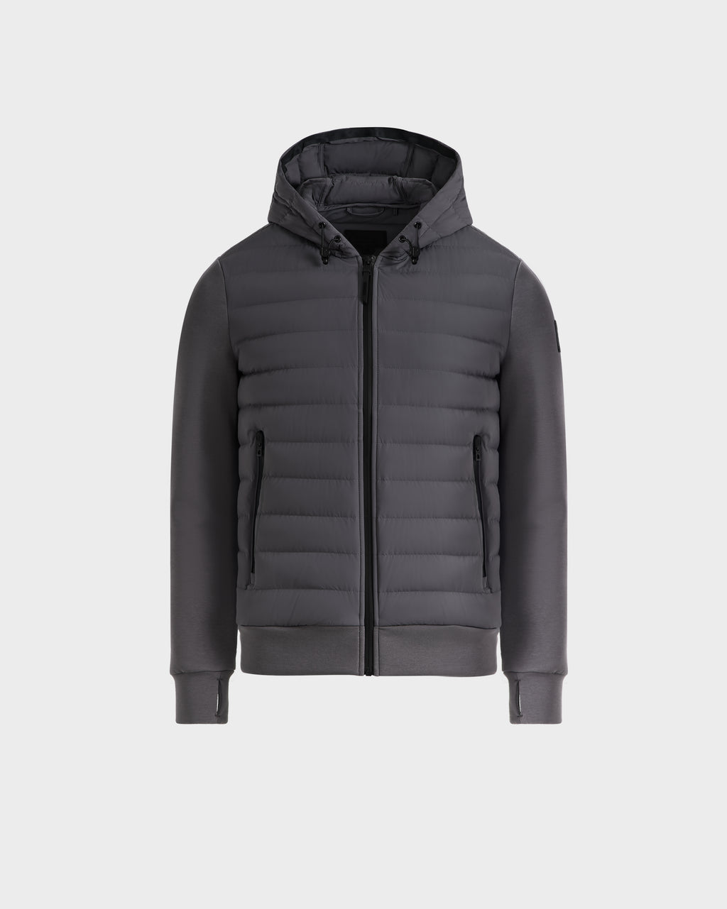 The Rudsak DEE MAT - 6124028 Grey is a mens lightweight down jacket with a gray hood, quilted front and sleeves, front zipper, and two zippered side pockets, shown against a plain light background.
