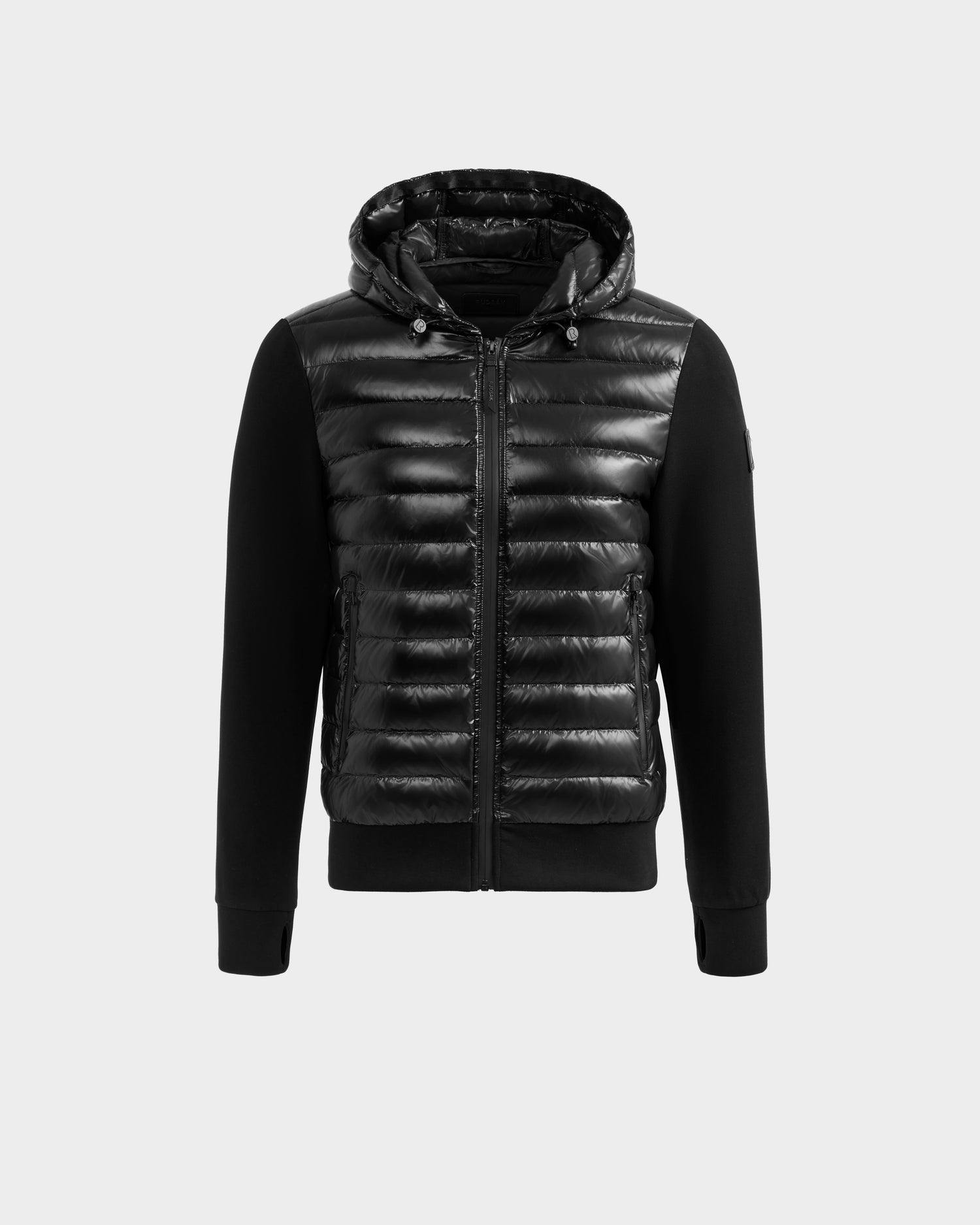 The DEE S - 6125684 Black men's lightweight down jacket by Rudsak features a black hood, shiny quilted front with premium duck down, smooth sleeves, and a front zipper—an ideal urban layer for chilly days.